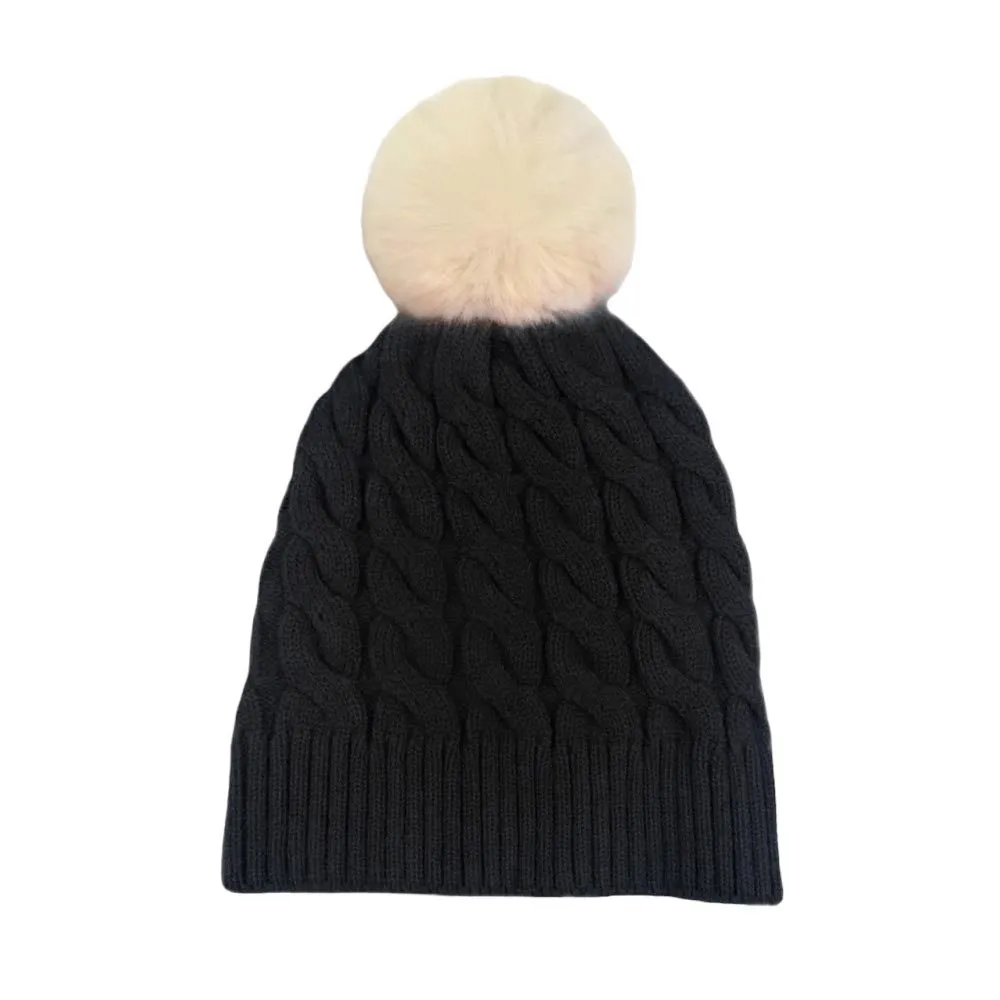 Cable Knit Faux Fur Pom Pom Beanie Hat