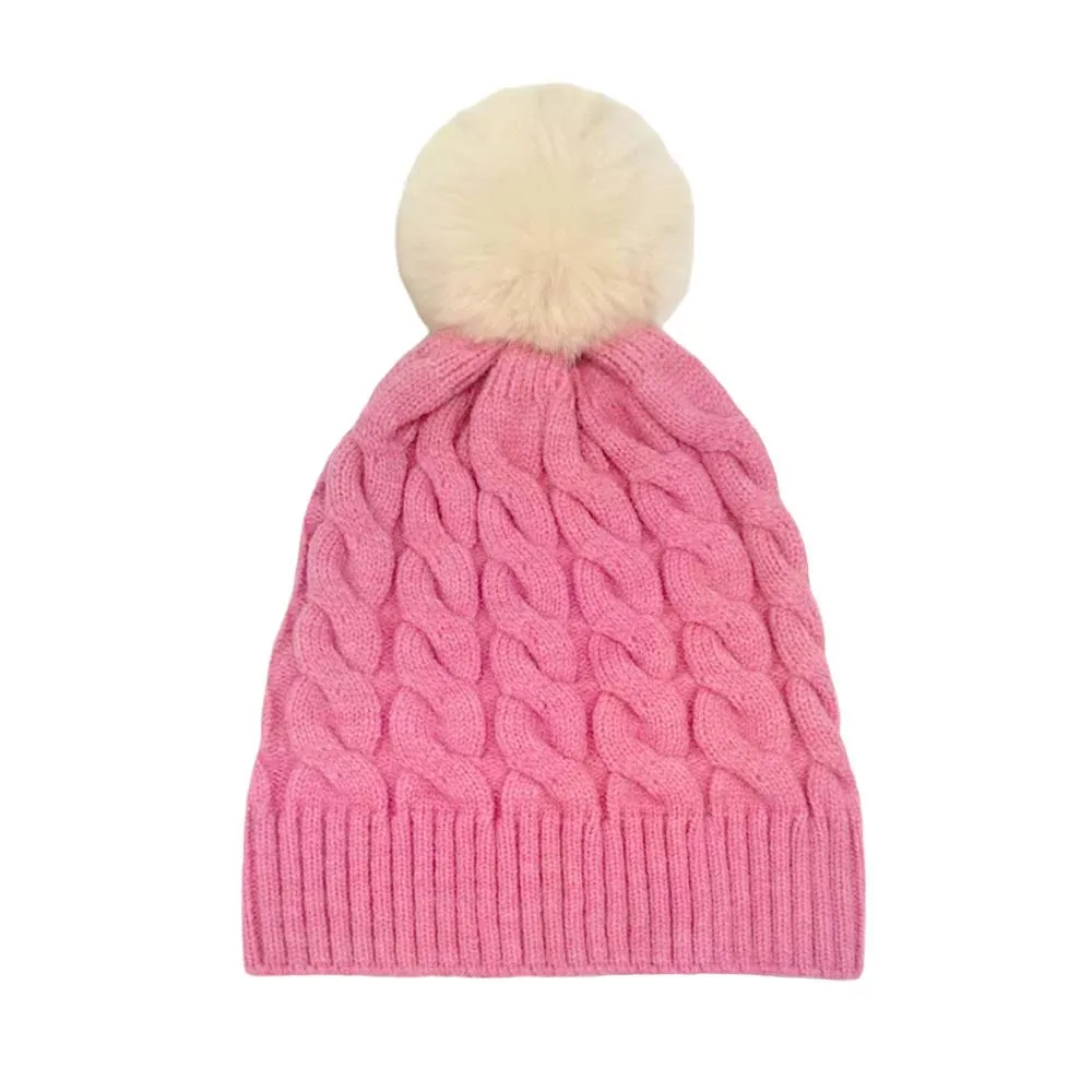 Cable Knit Faux Fur Pom Pom Beanie Hat