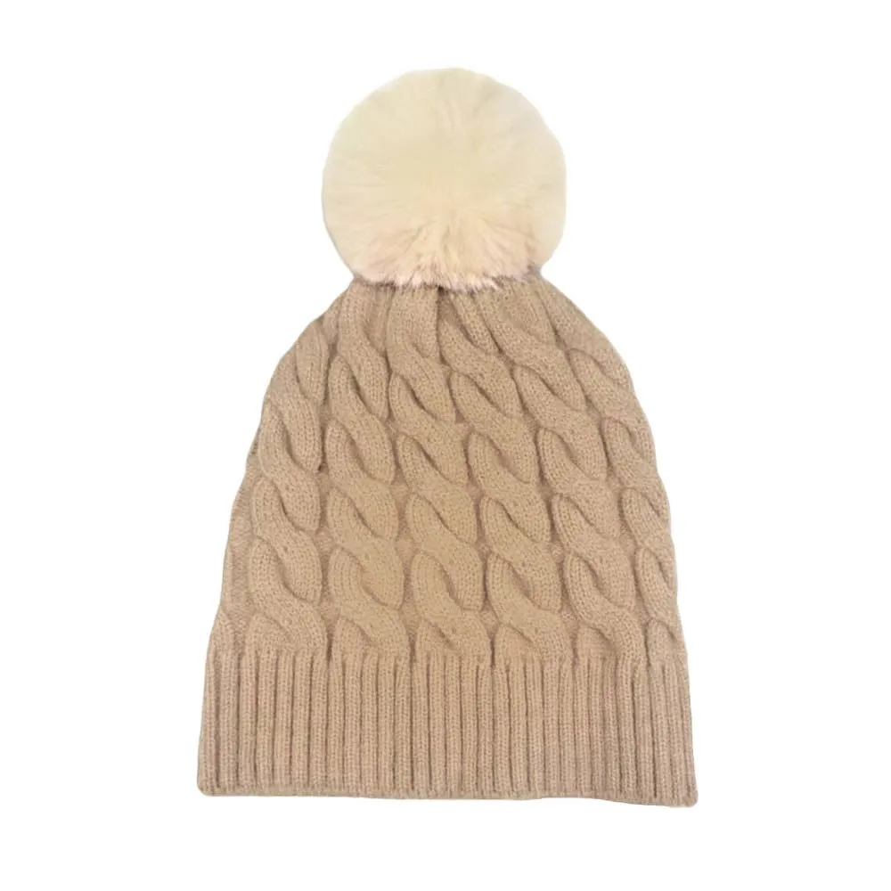 Cable Knit Faux Fur Pom Pom Beanie Hat