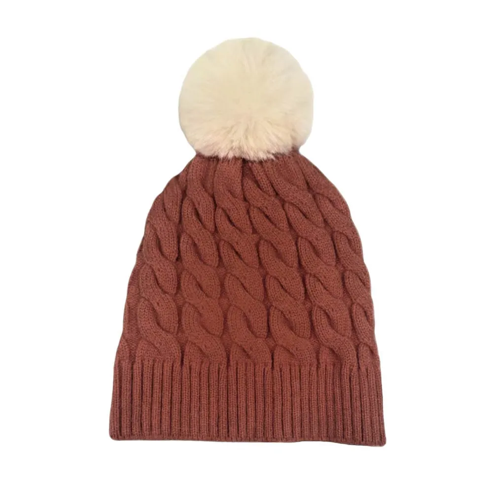 Cable Knit Faux Fur Pom Pom Beanie Hat