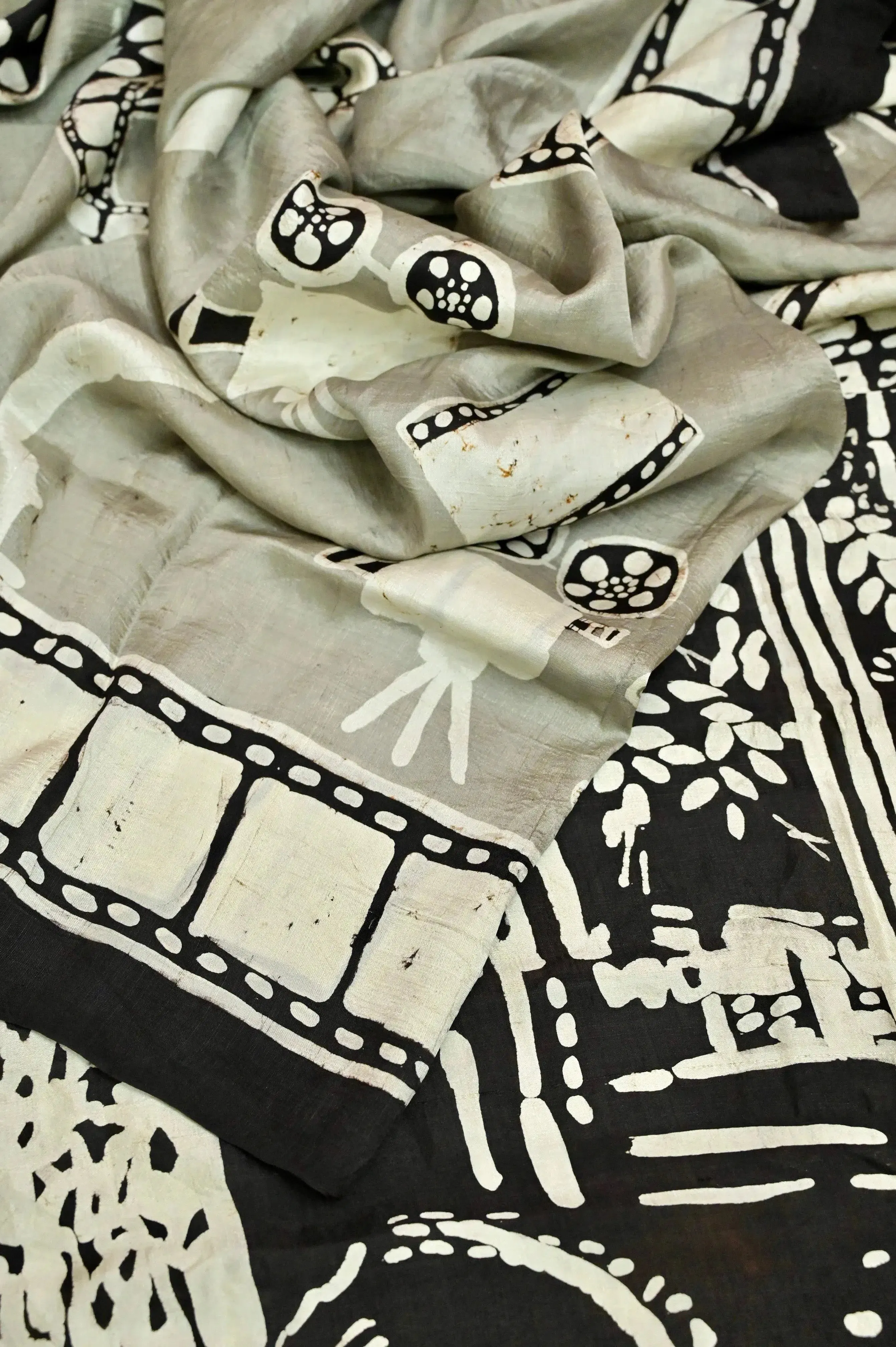 Cement Color Mulberry Silk Saree with Hand Batik Done in Satyajit Ray Memory Collection