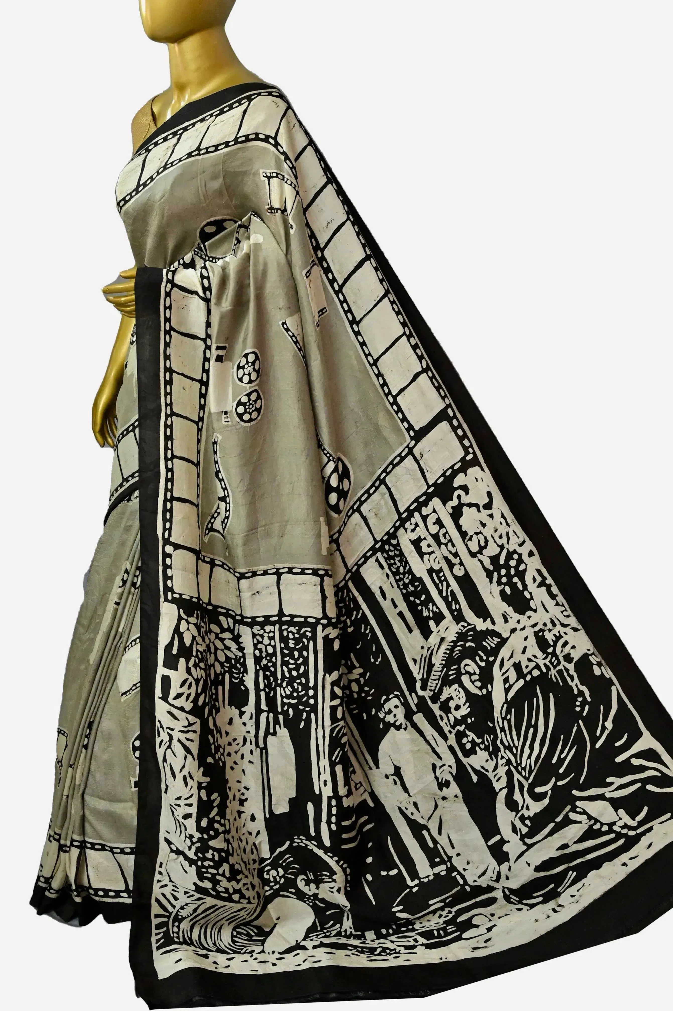 Cement Color Mulberry Silk Saree with Hand Batik Done in Satyajit Ray Memory Collection