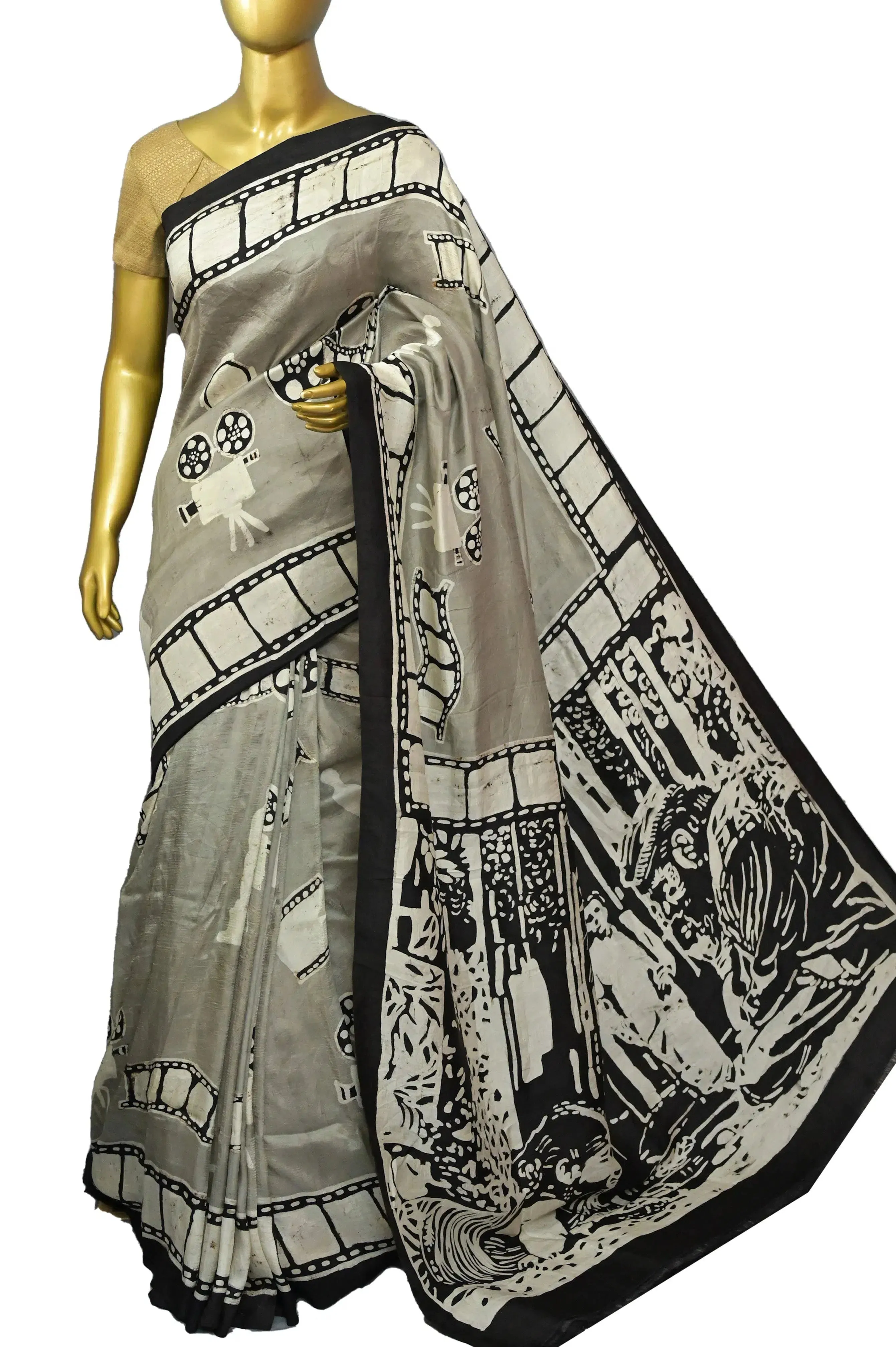 Cement Color Mulberry Silk Saree with Hand Batik Done in Satyajit Ray Memory Collection