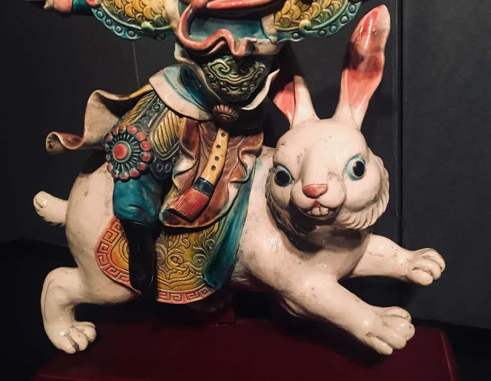 Chinese Early 20th Century Glazed Porcelain Roof Tile of a Warrior on a Rabbit