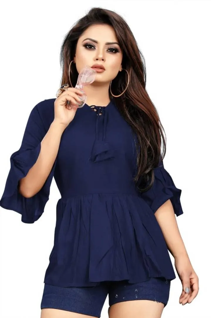 Contemporary Navy Blue Heavy Rayon Solid V Neck With Dori Tops For Women And Girls