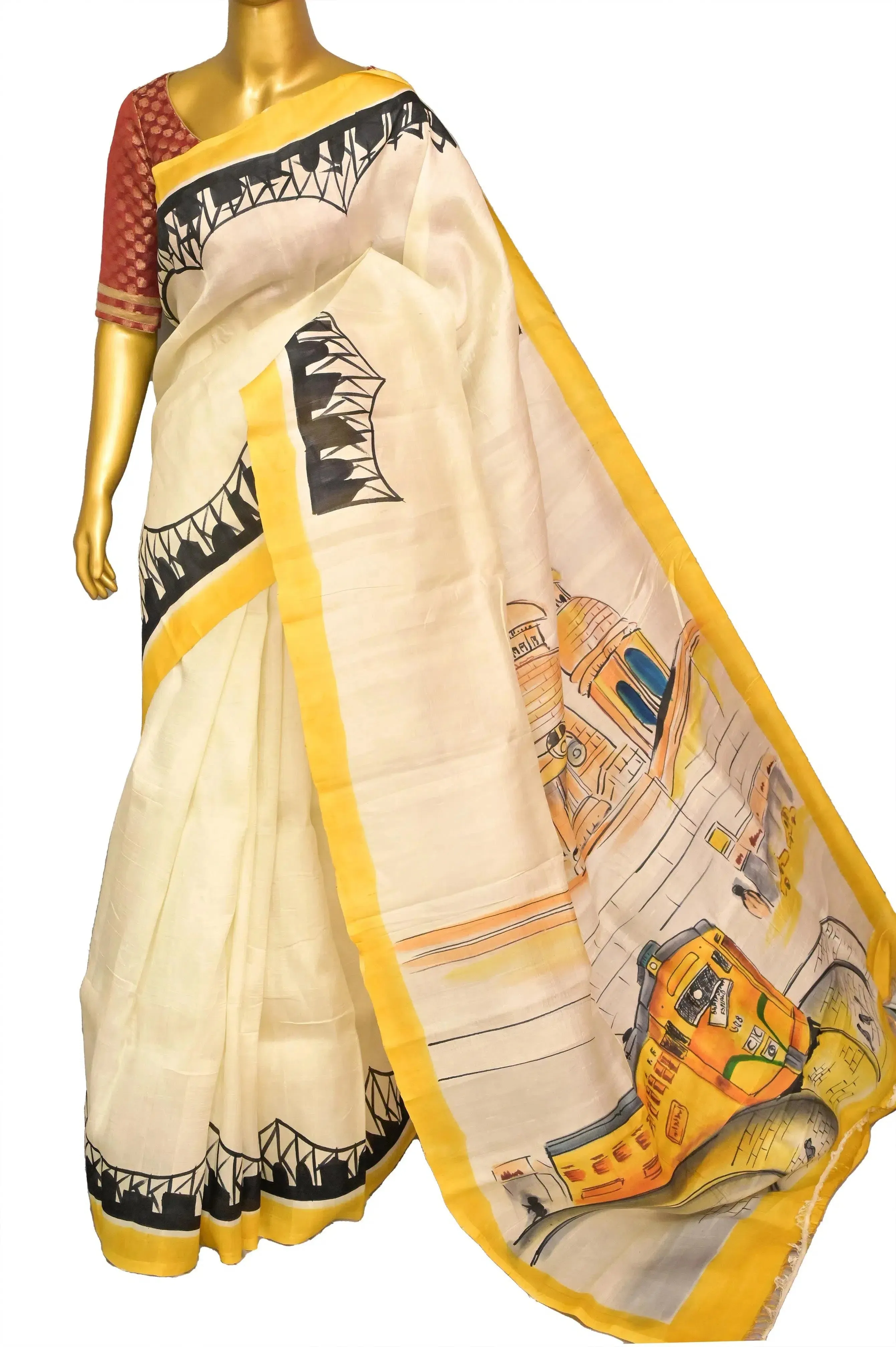 Cream White and Yellow Color Bishnupur Katan Silk Saree with Hand Painting Allover