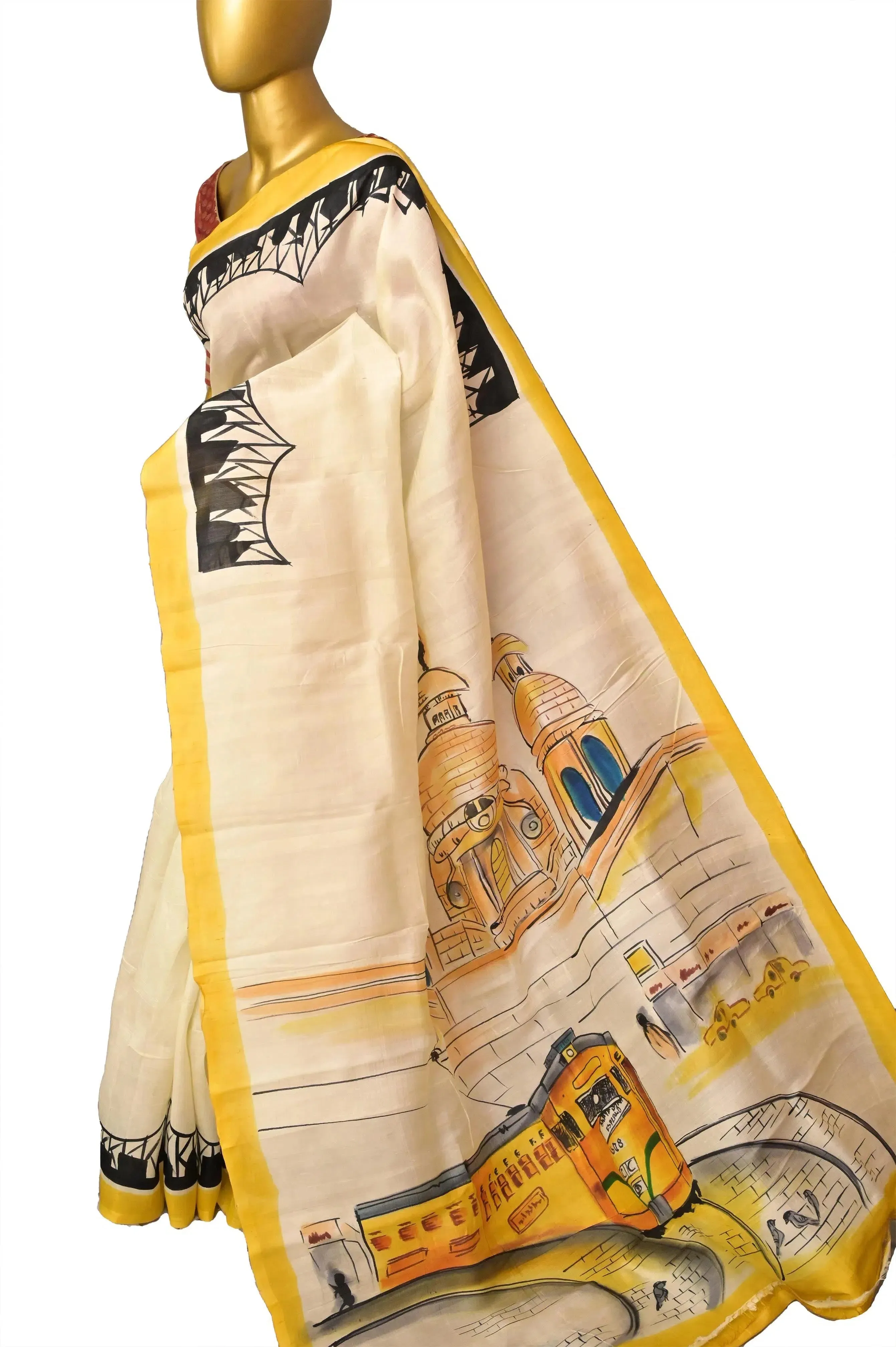 Cream White and Yellow Color Bishnupur Katan Silk Saree with Hand Painting Allover