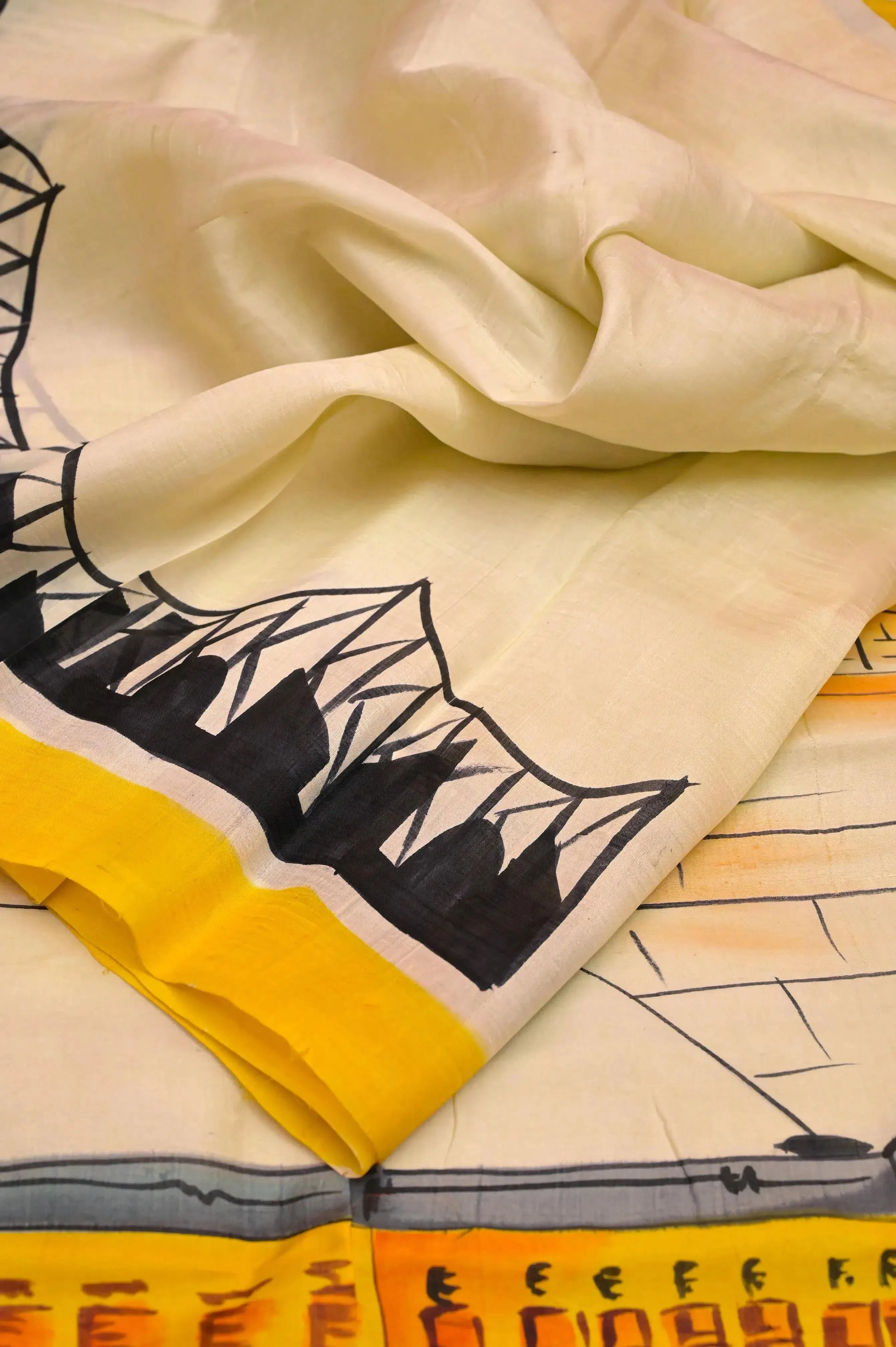 Cream White and Yellow Color Bishnupur Katan Silk Saree with Hand Painting Allover