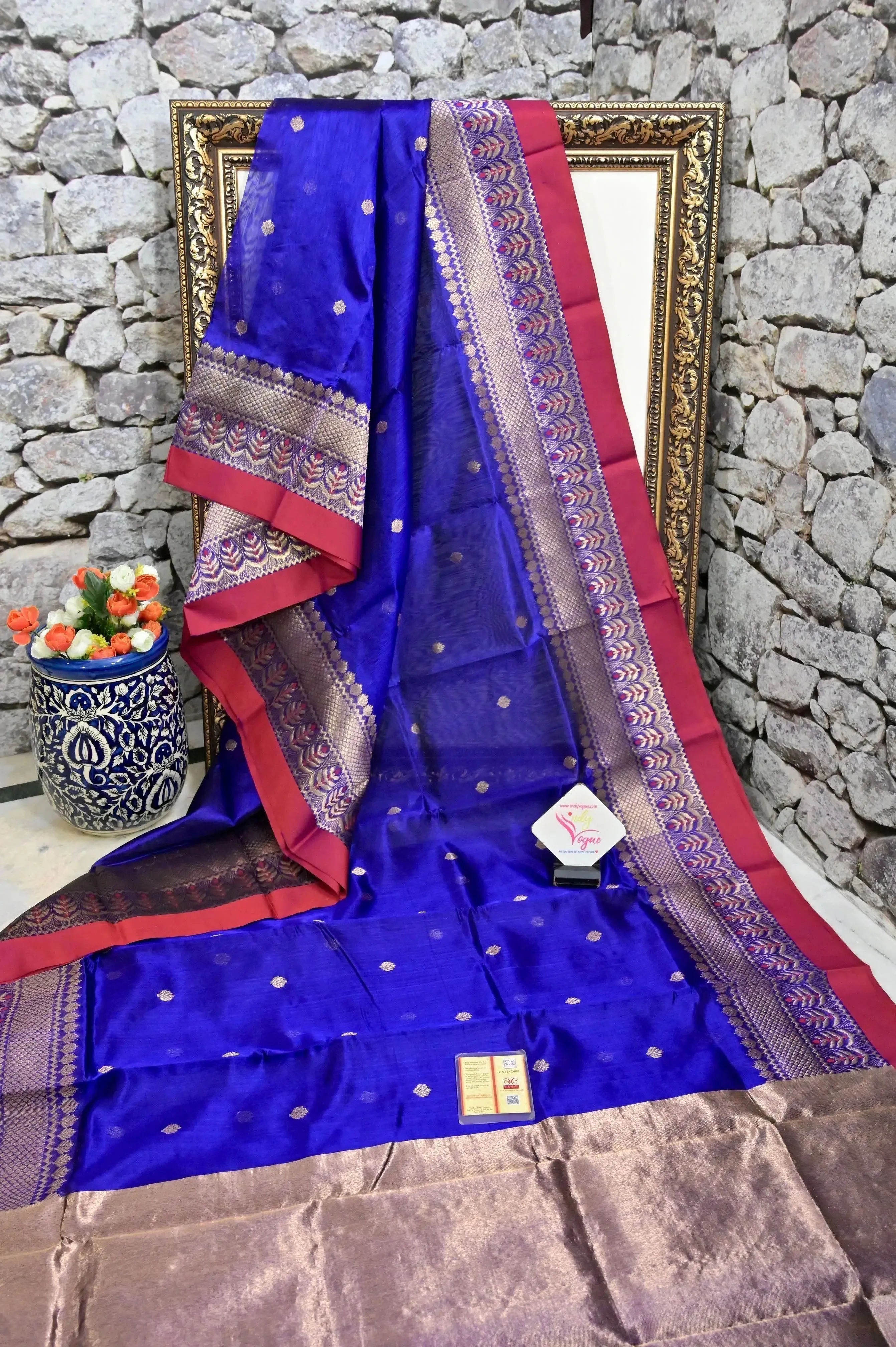 Deep Indigo Blue Color Pure Chanderi Banarasi Saree with Meenakari Border