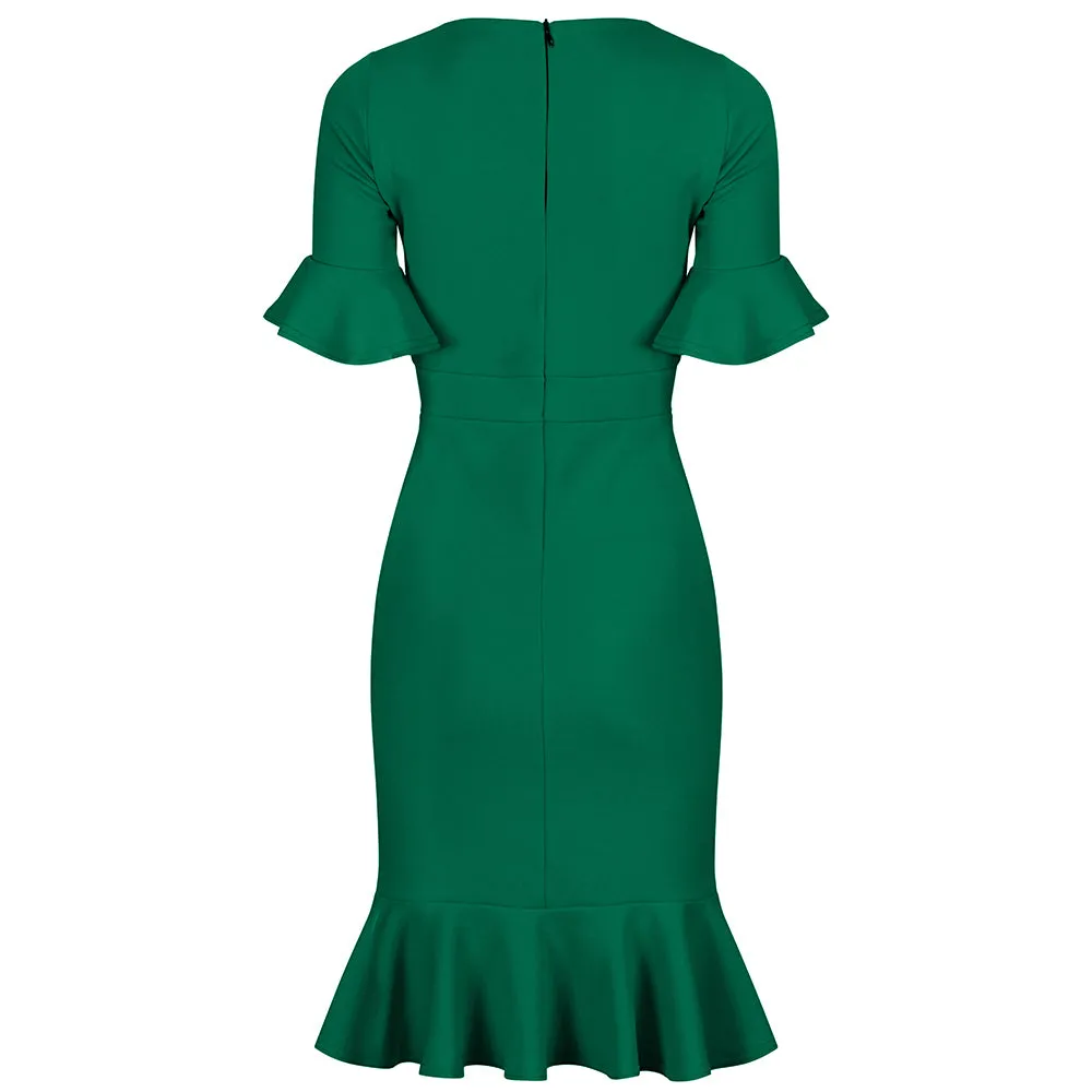 Emerald Green 1/2 Sleeve Fishtail Peplum Hem V Neck Bodycon Pencil Dress