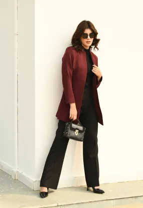 Exude Supremacy Solid Long Blazer (Wine)