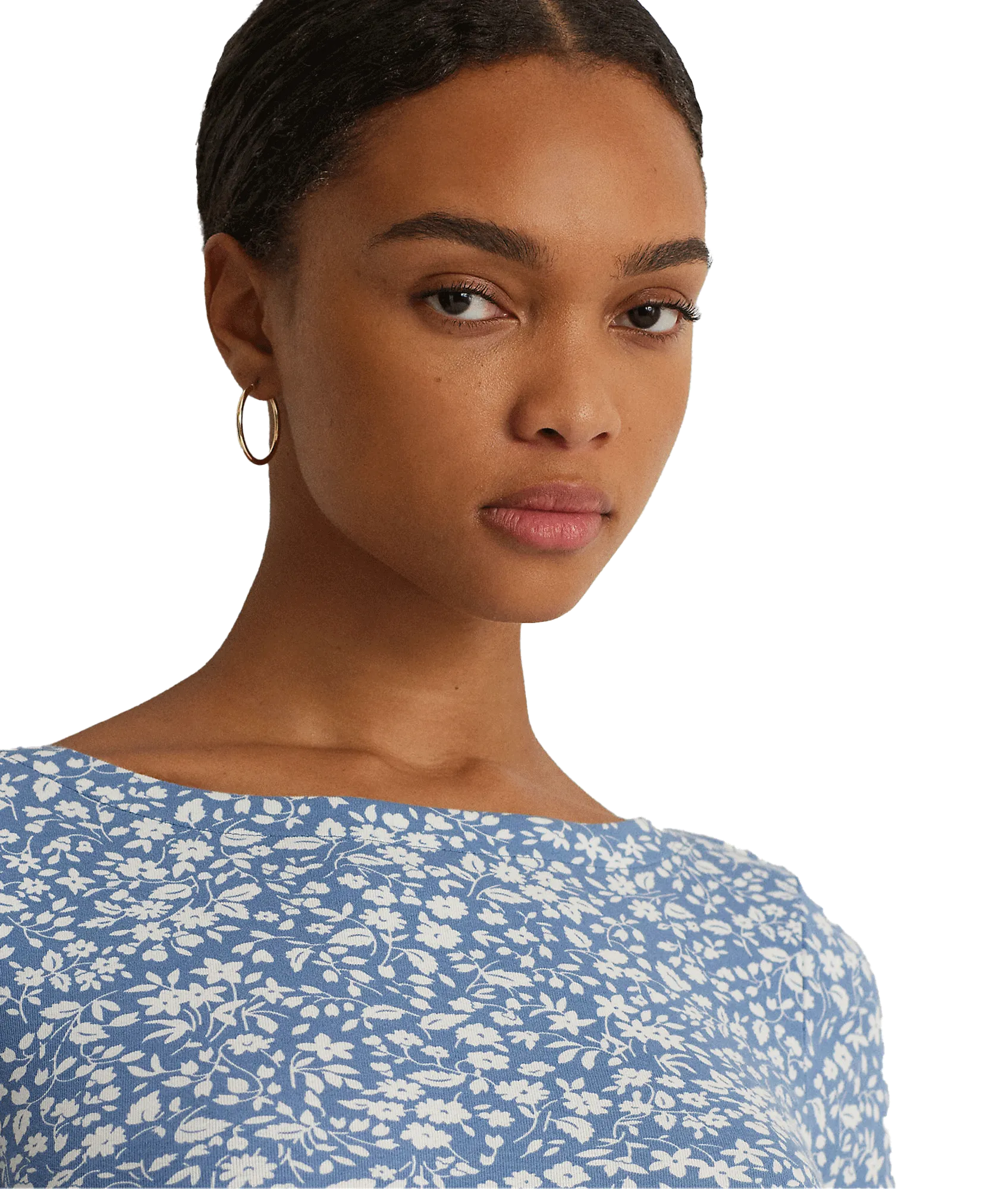 Floral Stretch Cotton Boatneck Tee - Blue