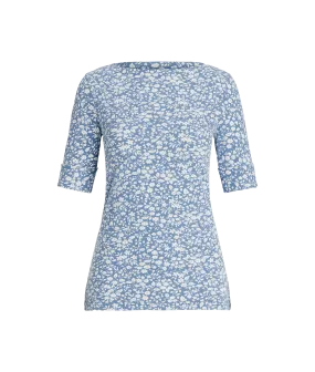 Floral Stretch Cotton Boatneck Tee - Blue