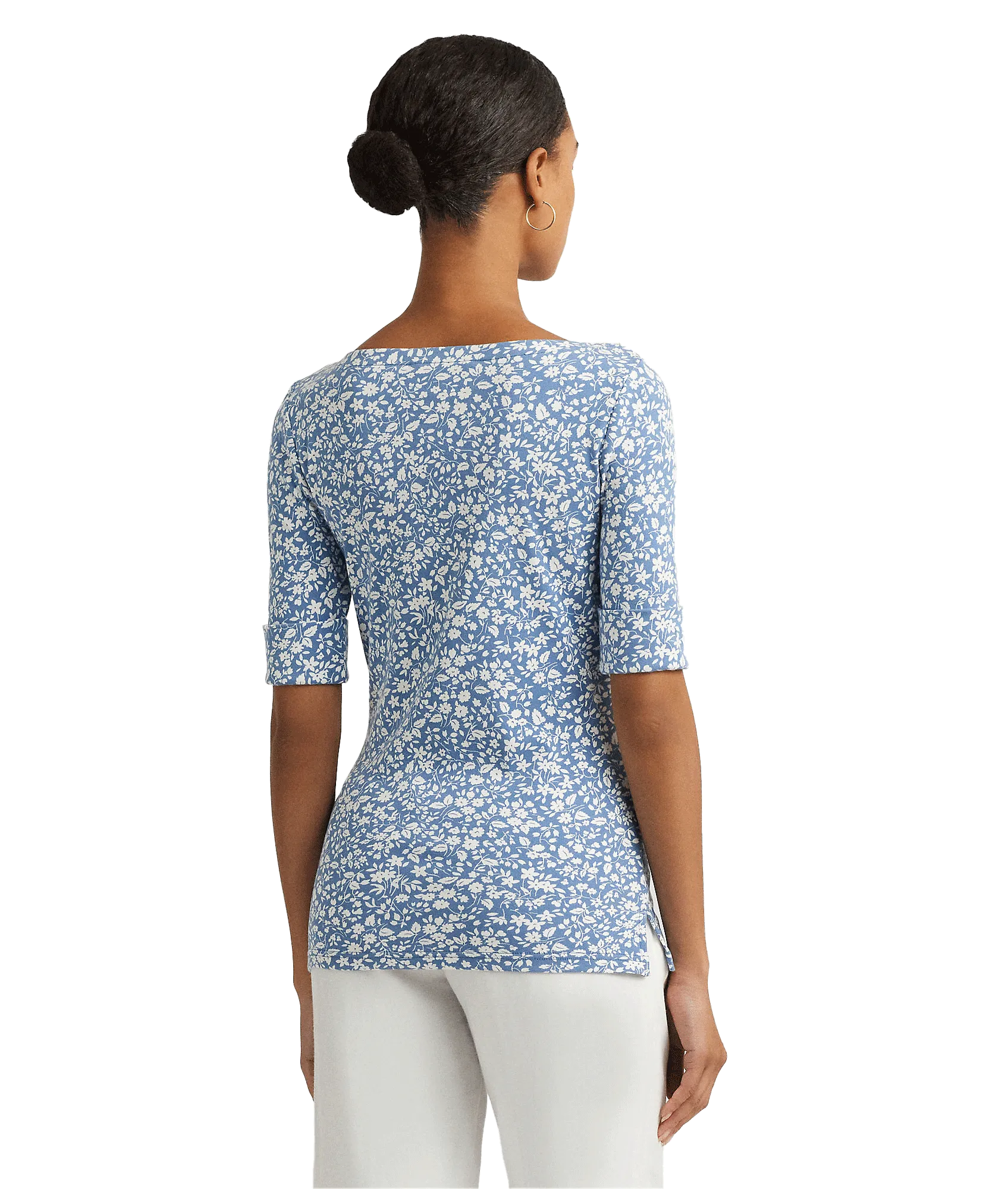 Floral Stretch Cotton Boatneck Tee - Blue