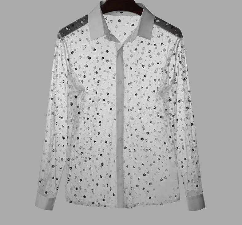 Foesce -Fashion Men Shirt Mesh See Through Sexy Floral Long Sleeve Lapel Party Nightclub Shirts Men Streetwear Camisas 5XL