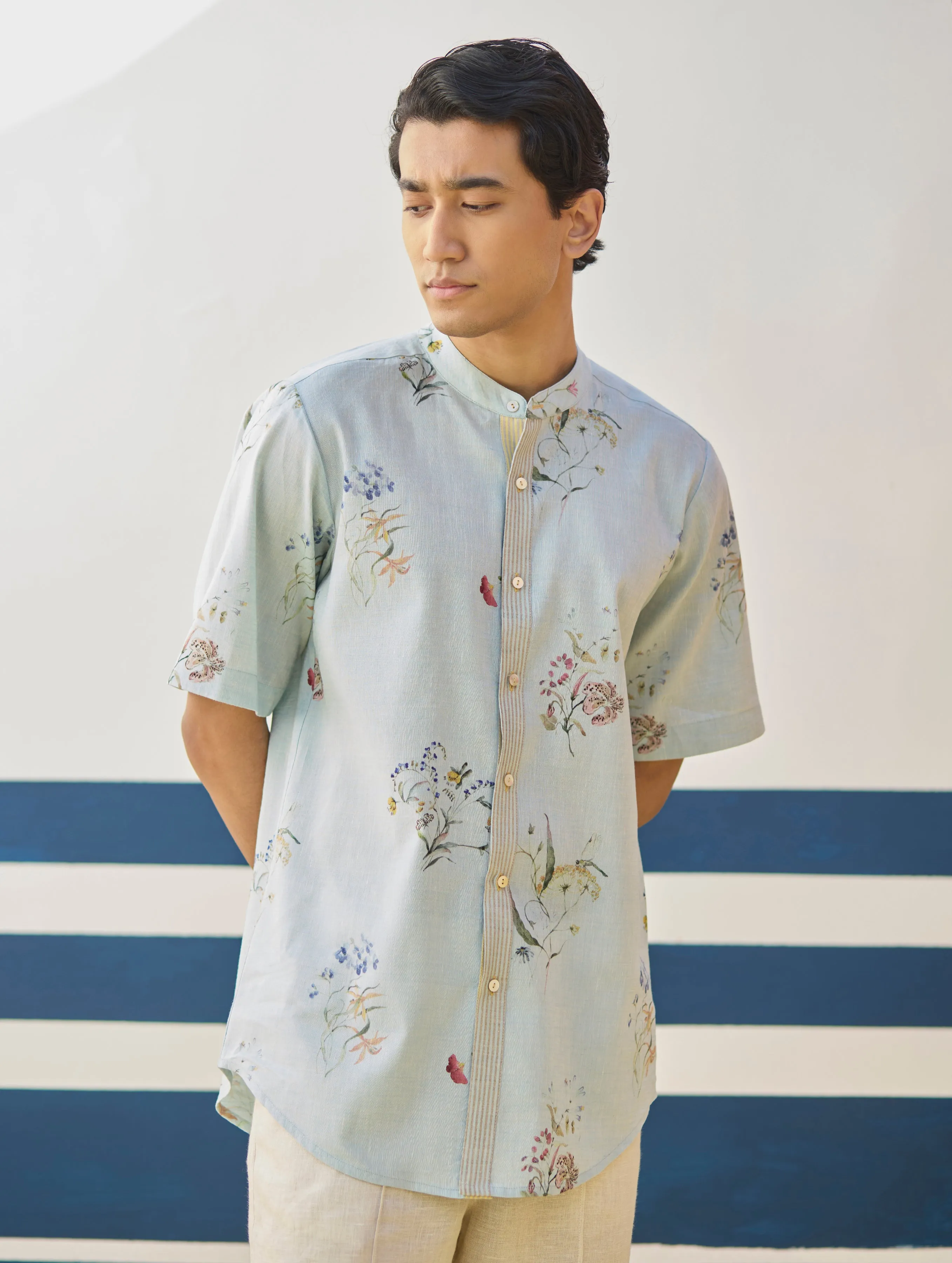 Fola Watercolour Floral Shirt - Sky