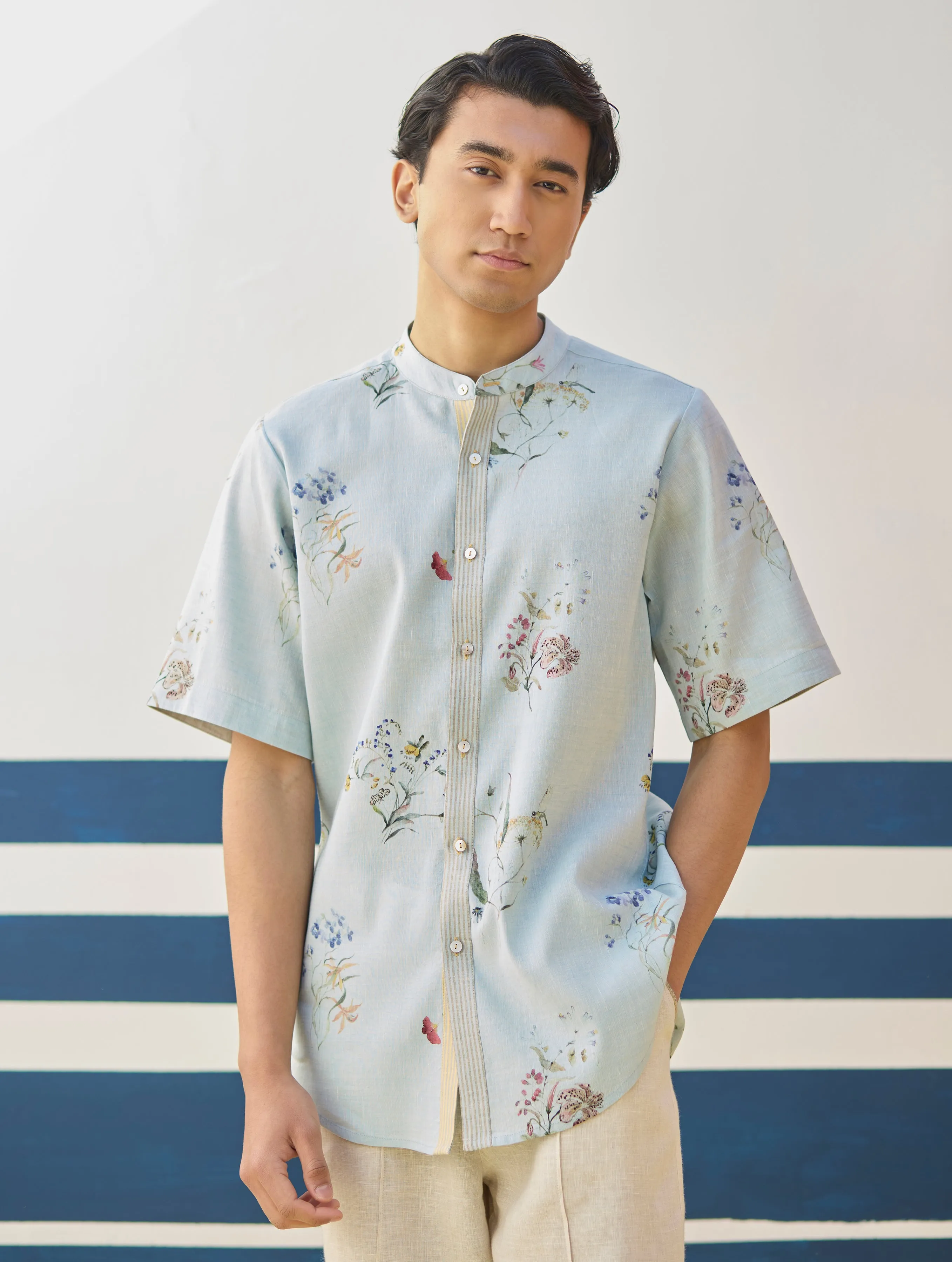 Fola Watercolour Floral Shirt - Sky