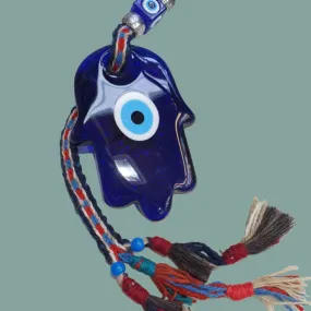 Glass Hamsa Souvenir Luck and Blue Eyes Symbols on a colourful rope.