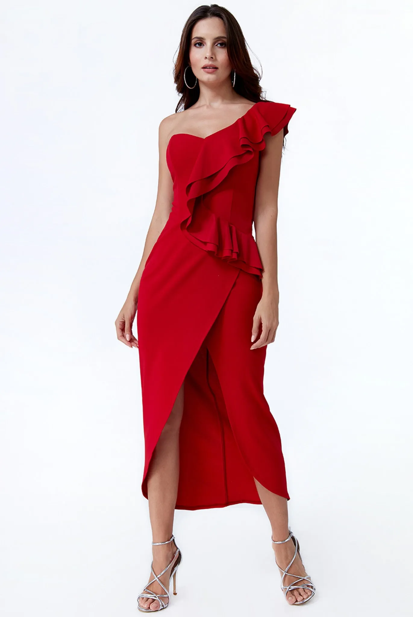 Goddiva One Shoulder Frill Maxi Dress