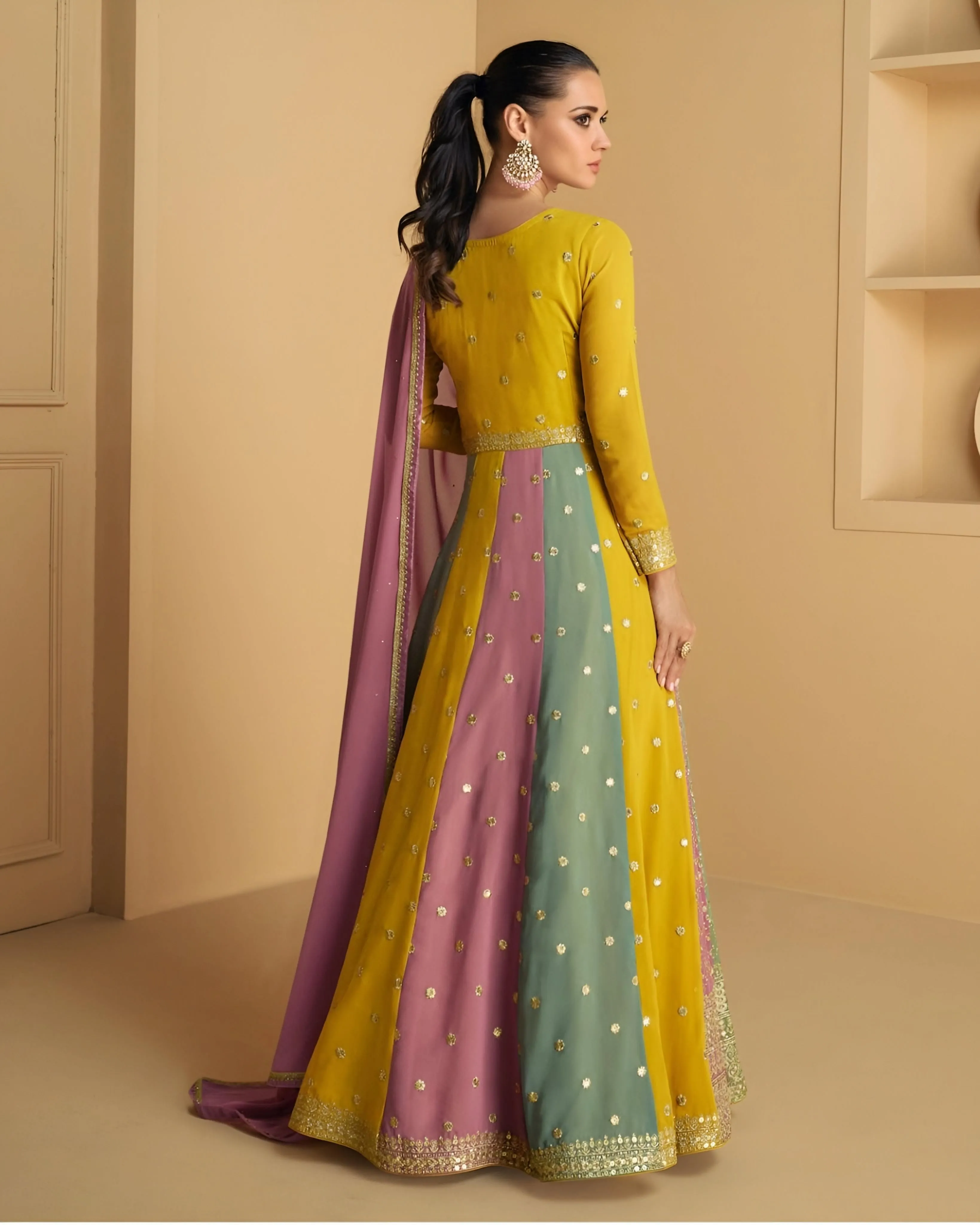 Gold Embroidered Multi colour Anarkali Gown