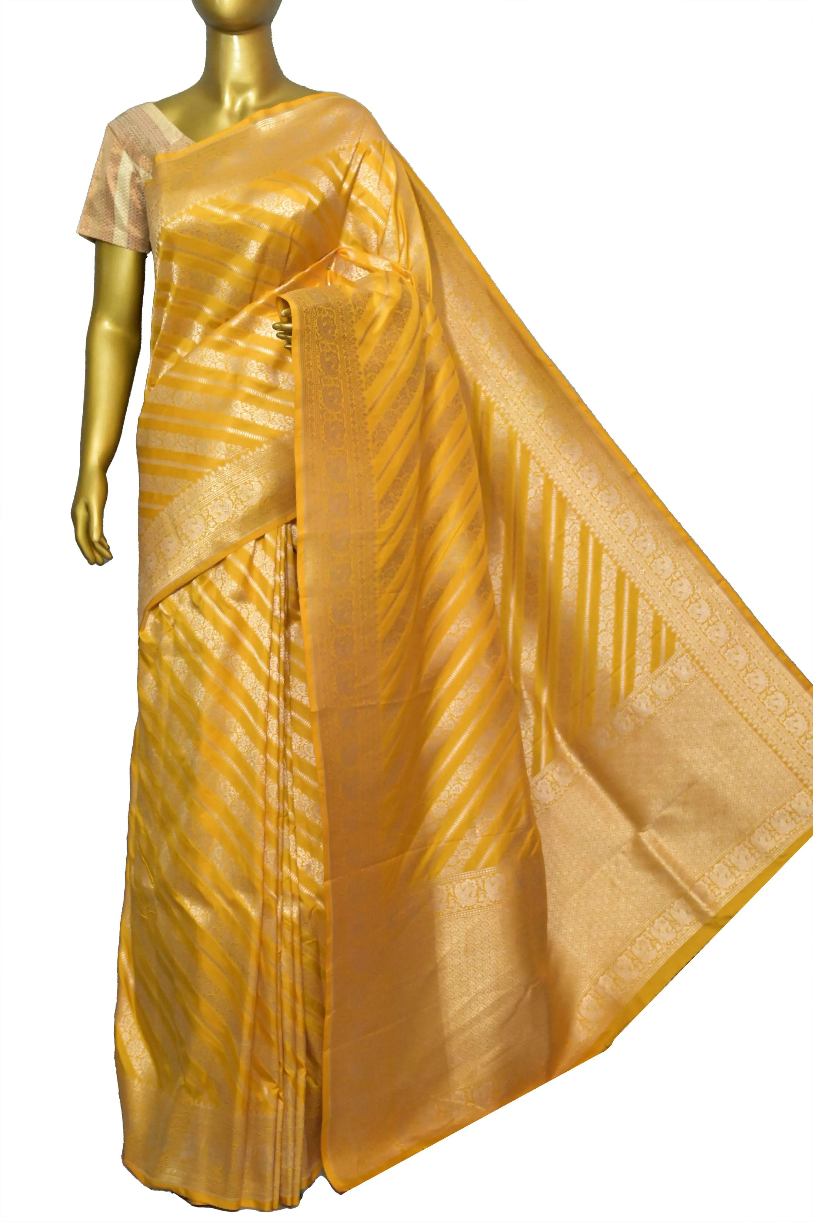 Golden Yellow Color Bangalore Katan Silk Saree with Diagonal Stripes Work