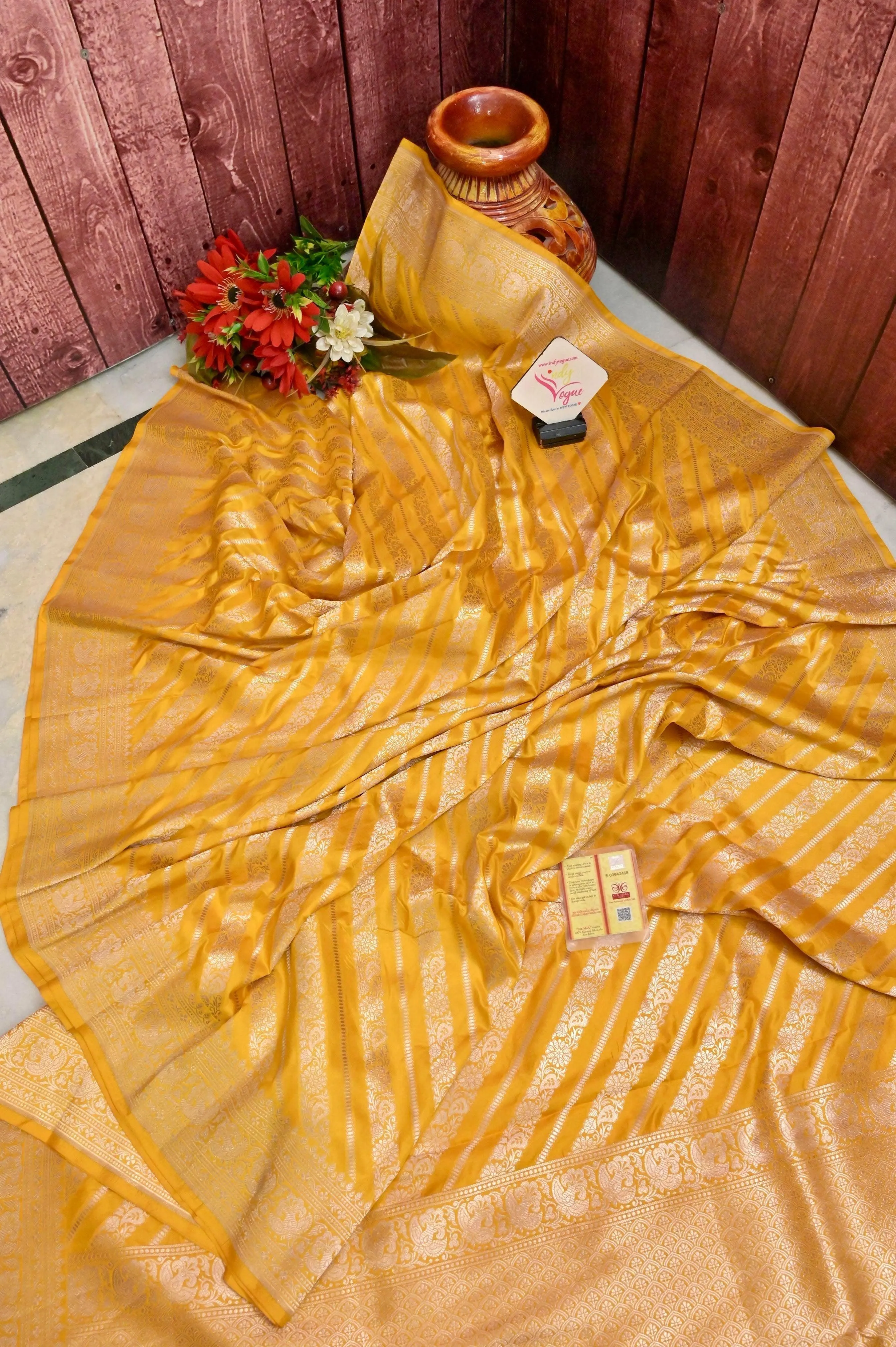 Golden Yellow Color Bangalore Katan Silk Saree with Diagonal Stripes Work