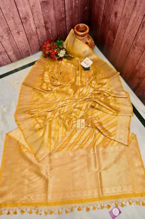 Golden Yellow Color Bangalore Katan Silk Saree with Diagonal Stripes Work