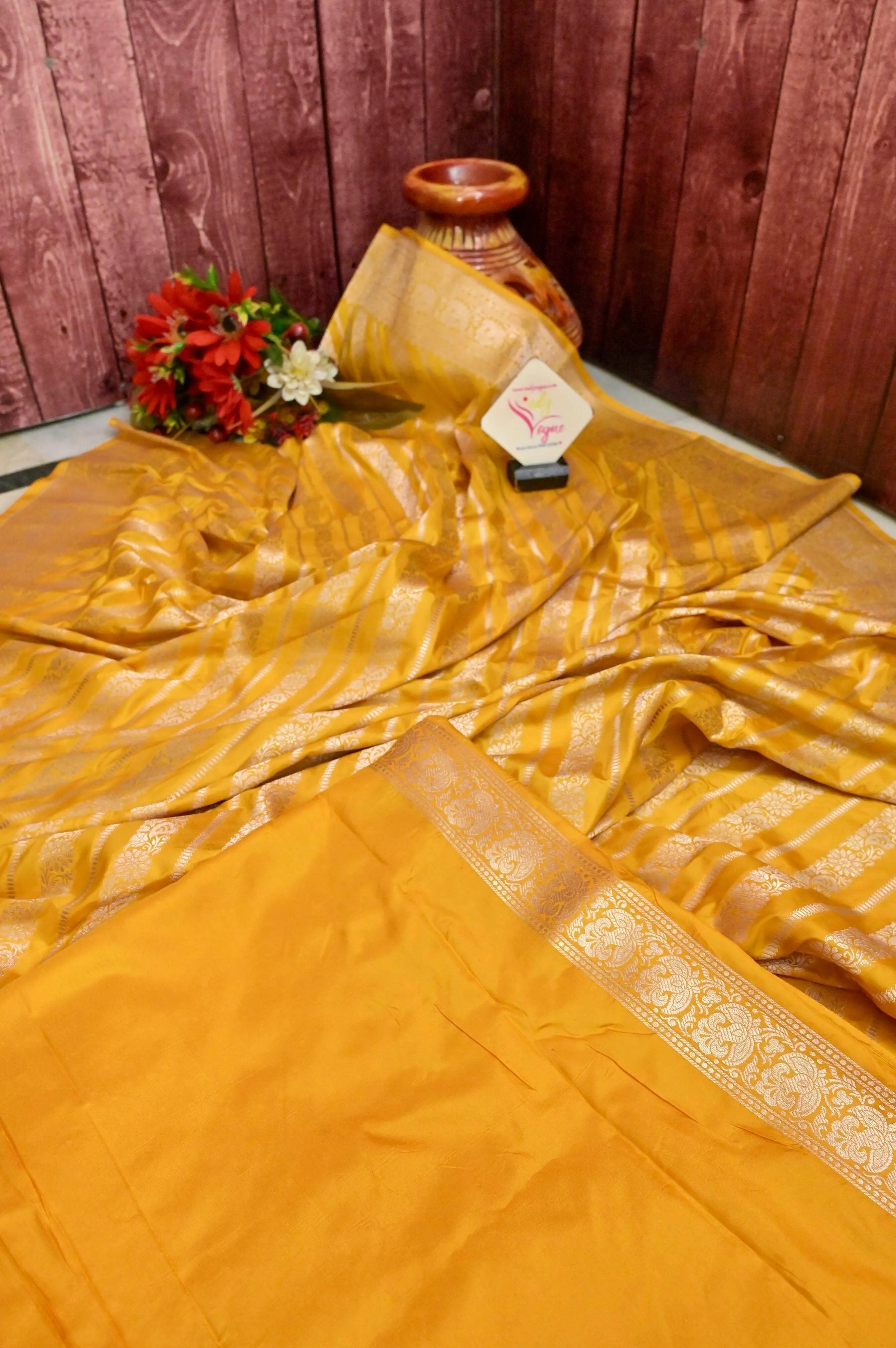 Golden Yellow Color Bangalore Katan Silk Saree with Diagonal Stripes Work