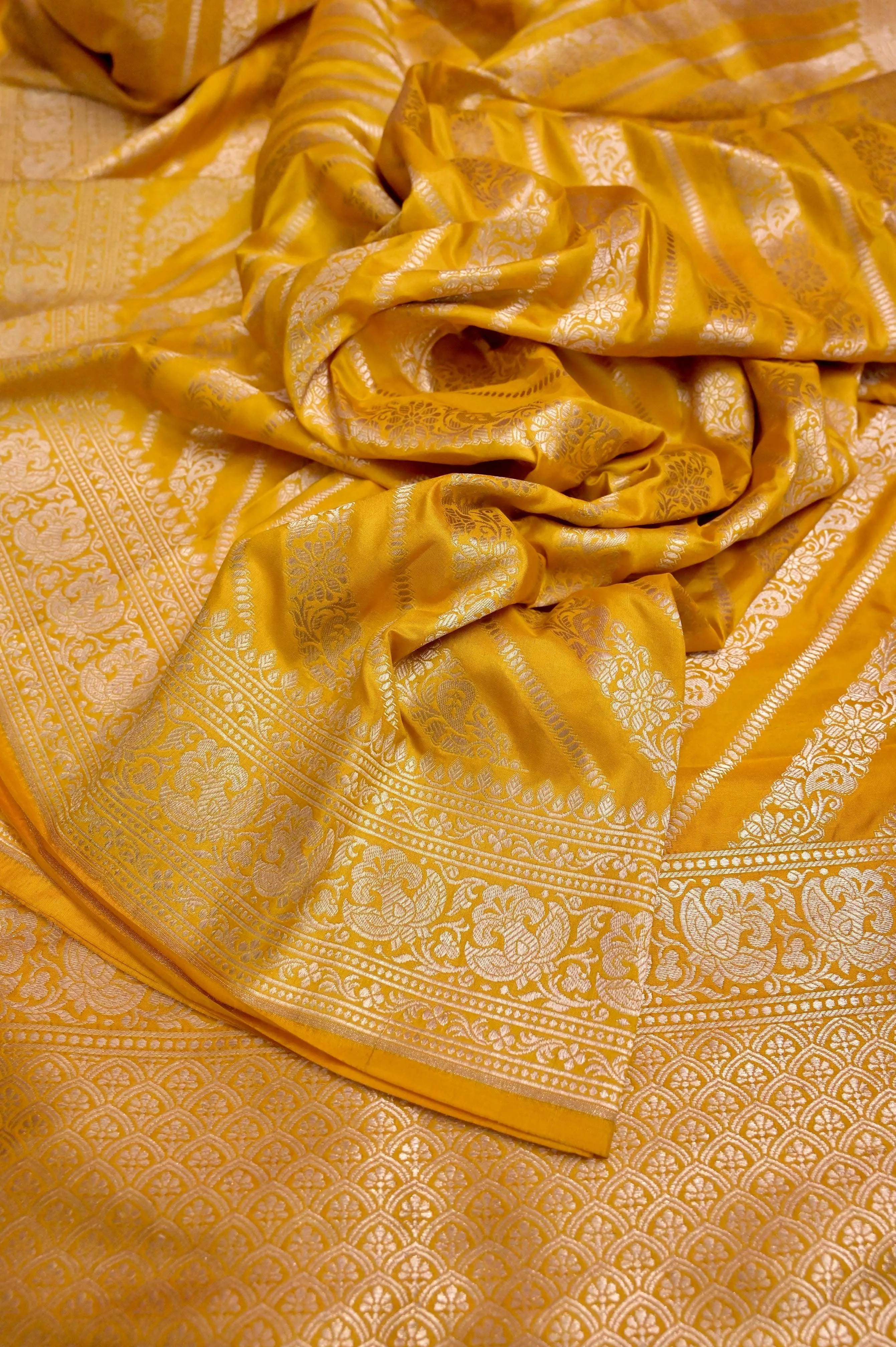 Golden Yellow Color Bangalore Katan Silk Saree with Diagonal Stripes Work