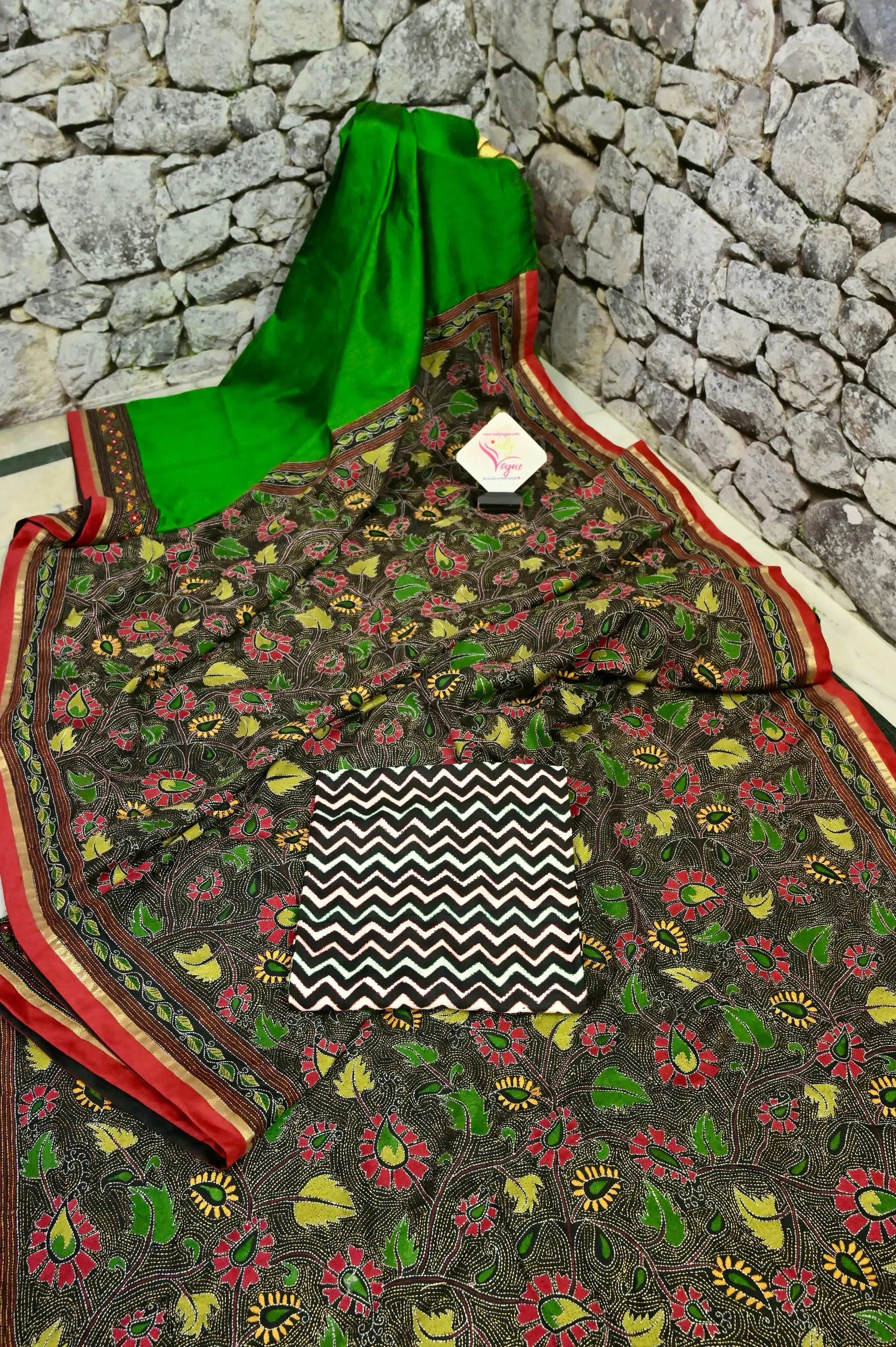 Green and Black Color Pure Bangalore Silk Saree with Hand Kantha Embroidery