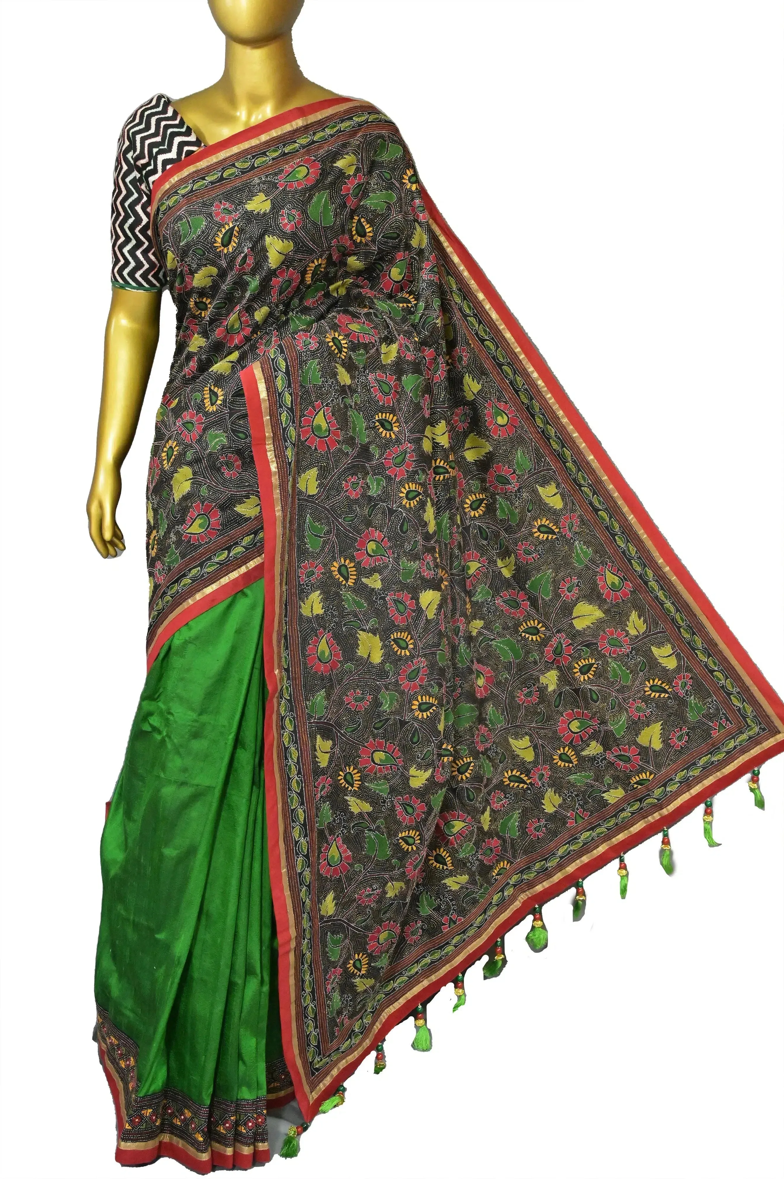 Green and Black Color Pure Bangalore Silk Saree with Hand Kantha Embroidery