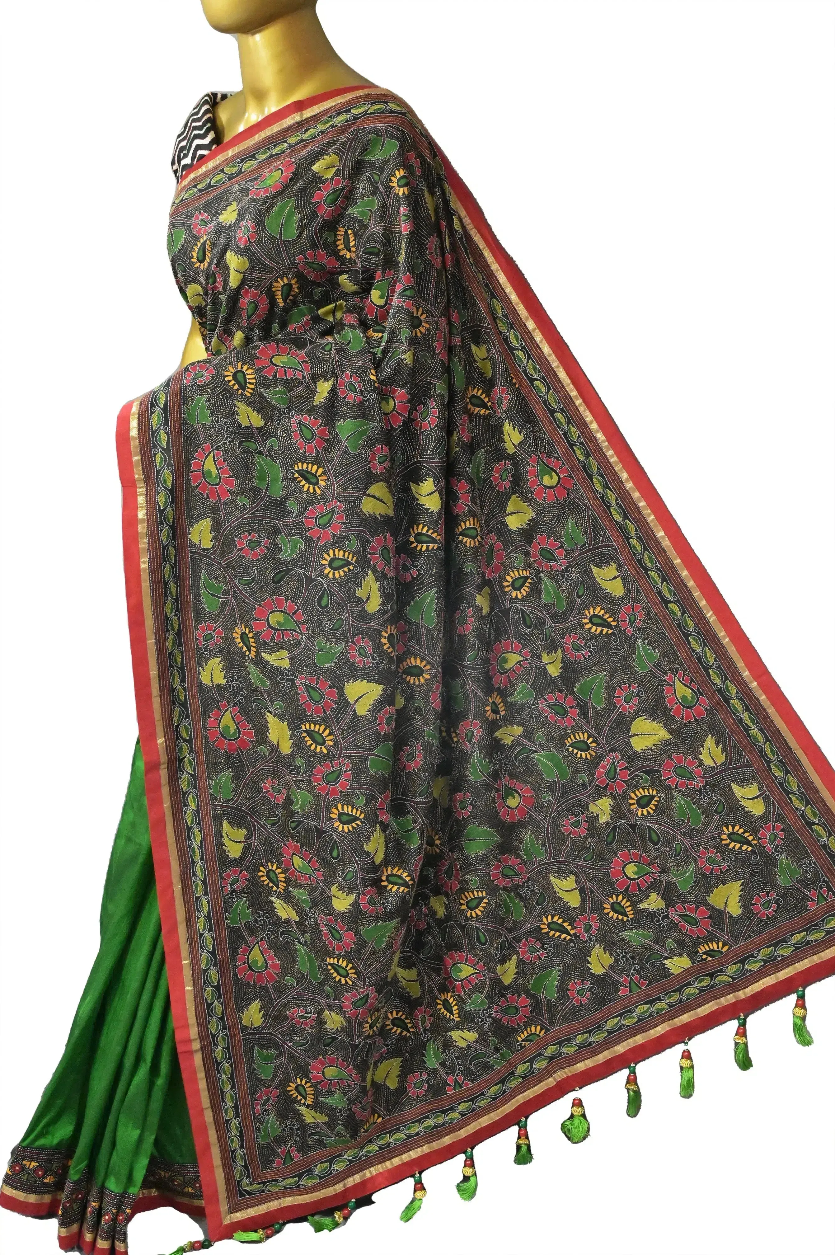 Green and Black Color Pure Bangalore Silk Saree with Hand Kantha Embroidery