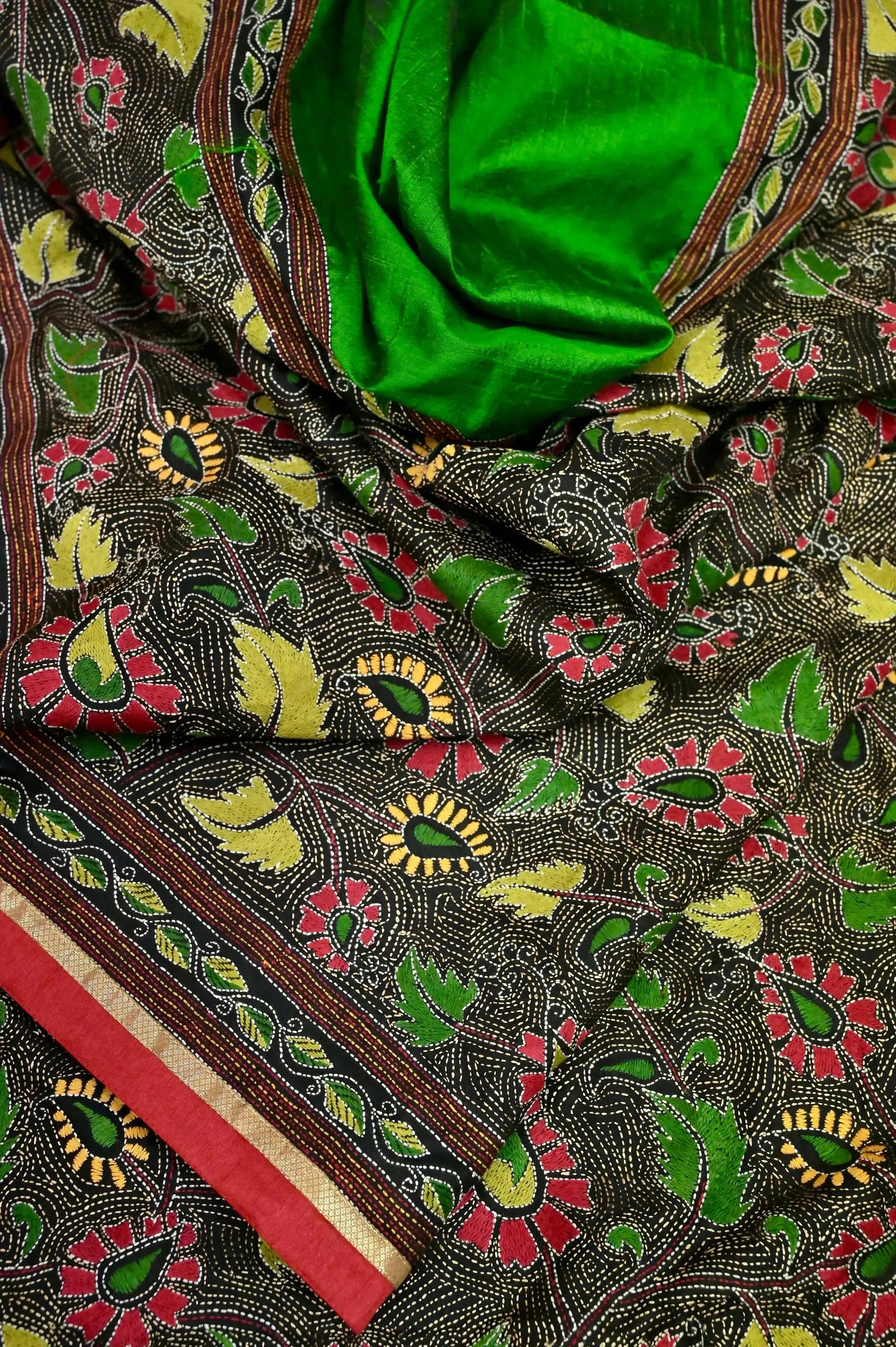 Green and Black Color Pure Bangalore Silk Saree with Hand Kantha Embroidery