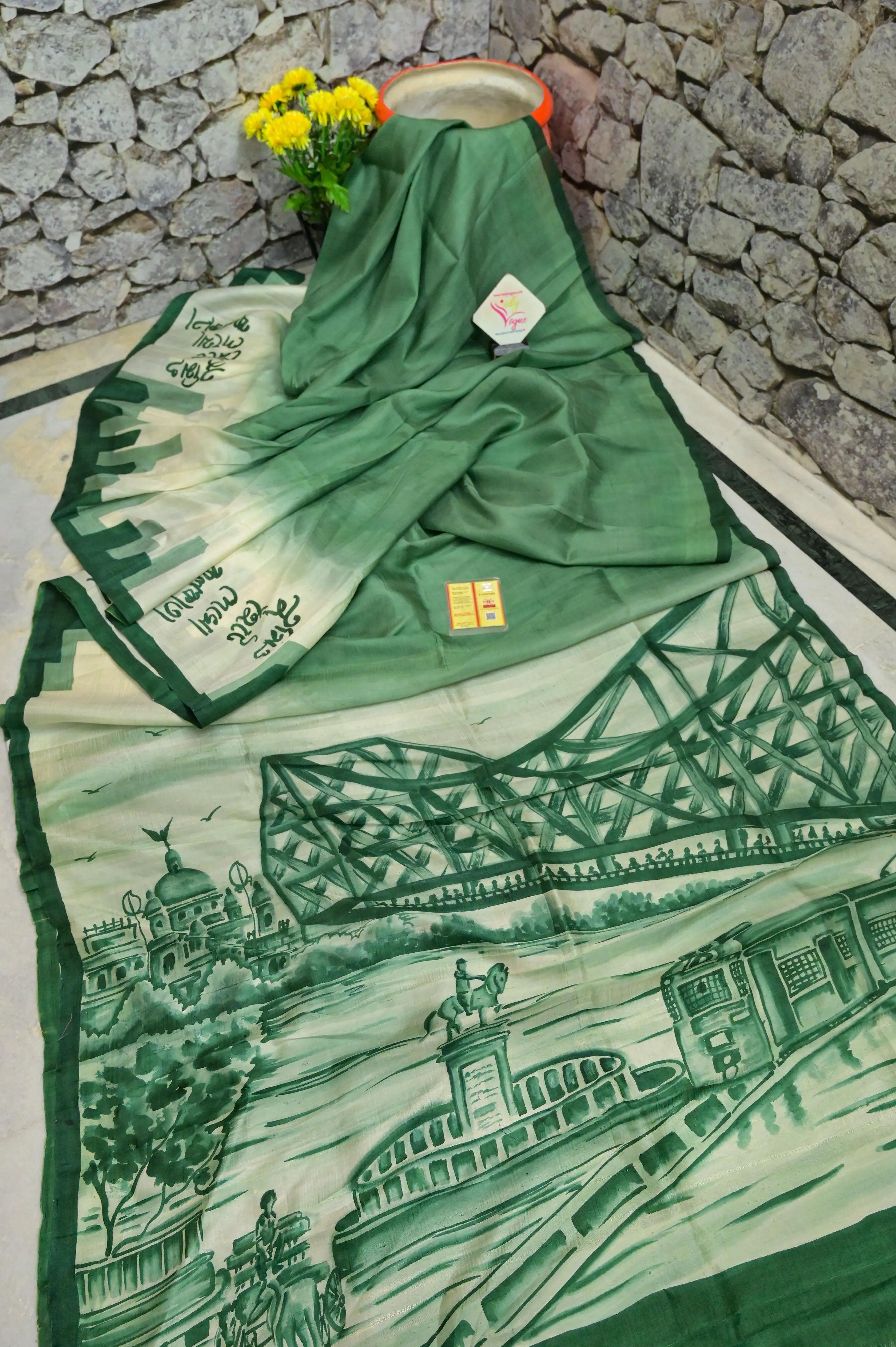 Green Color Bishnupur Katan Silk Saree with Kolkata Theme Hand Painted Work