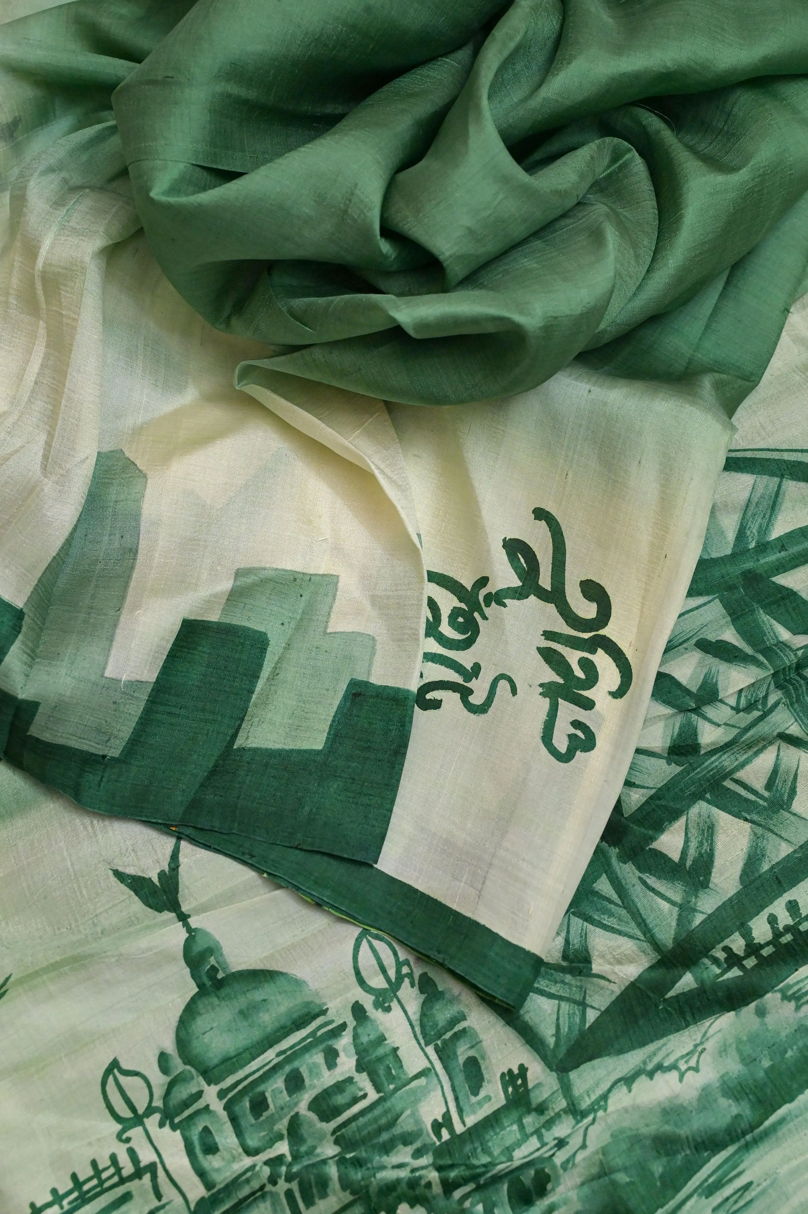 Green Color Bishnupur Katan Silk Saree with Kolkata Theme Hand Painted Work