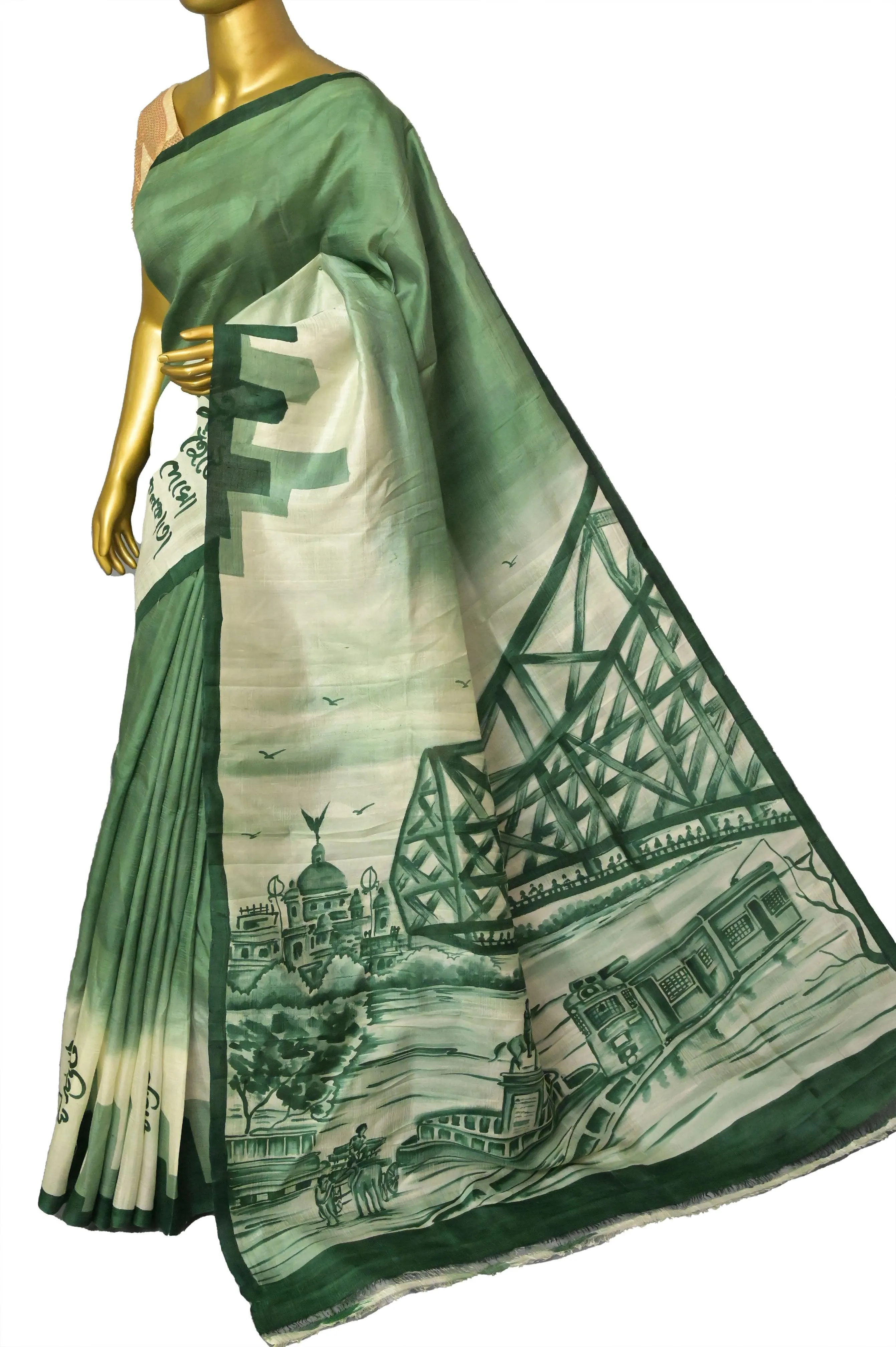 Green Color Bishnupur Katan Silk Saree with Kolkata Theme Hand Painted Work