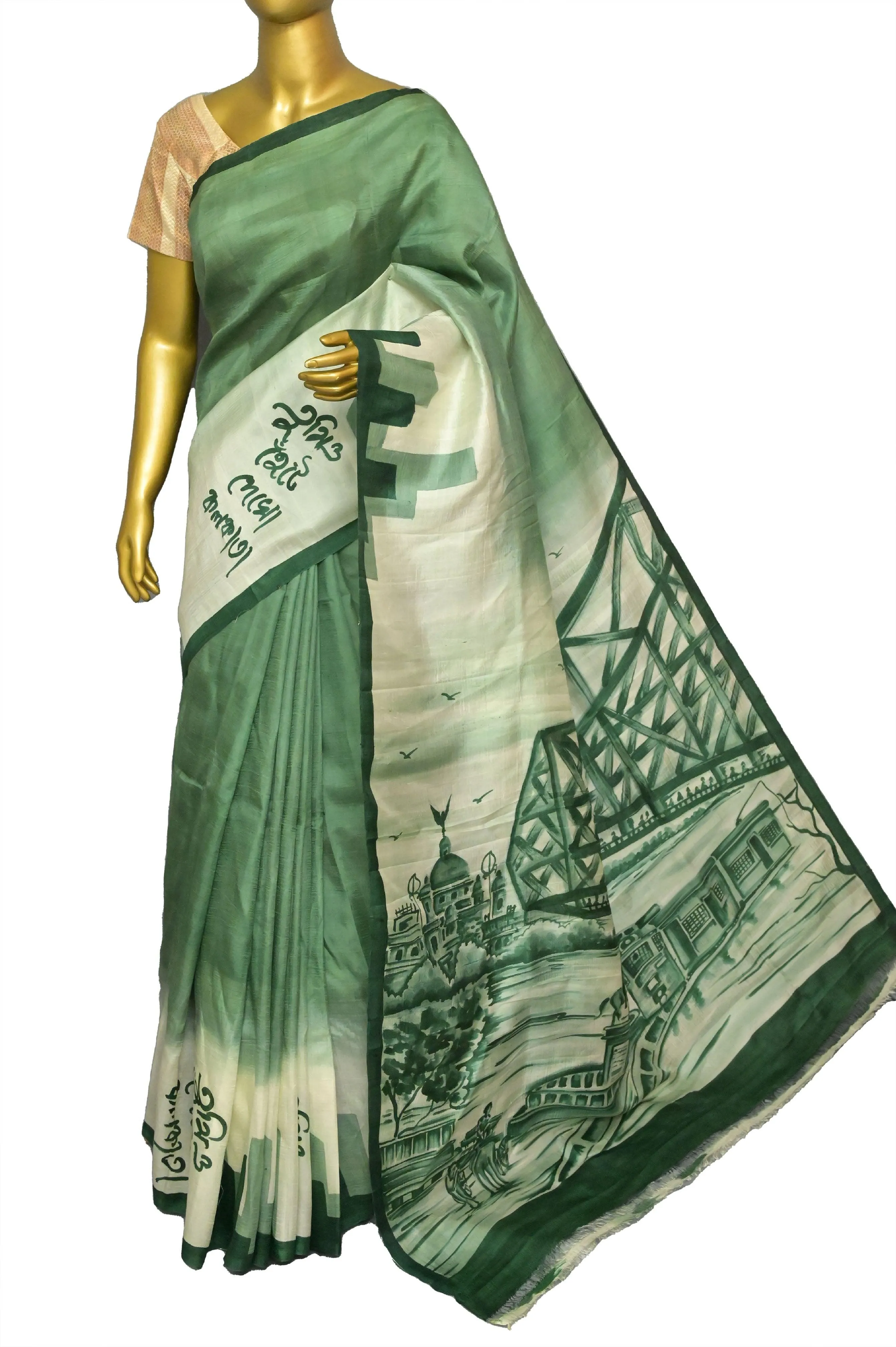 Green Color Bishnupur Katan Silk Saree with Kolkata Theme Hand Painted Work