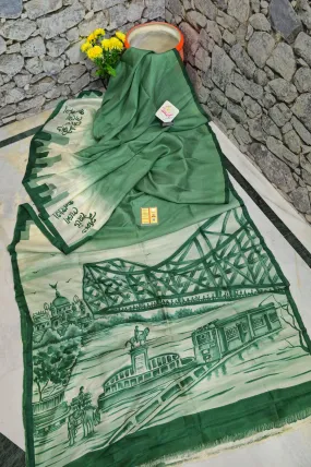 Green Color Bishnupur Katan Silk Saree with Kolkata Theme Hand Painted Work