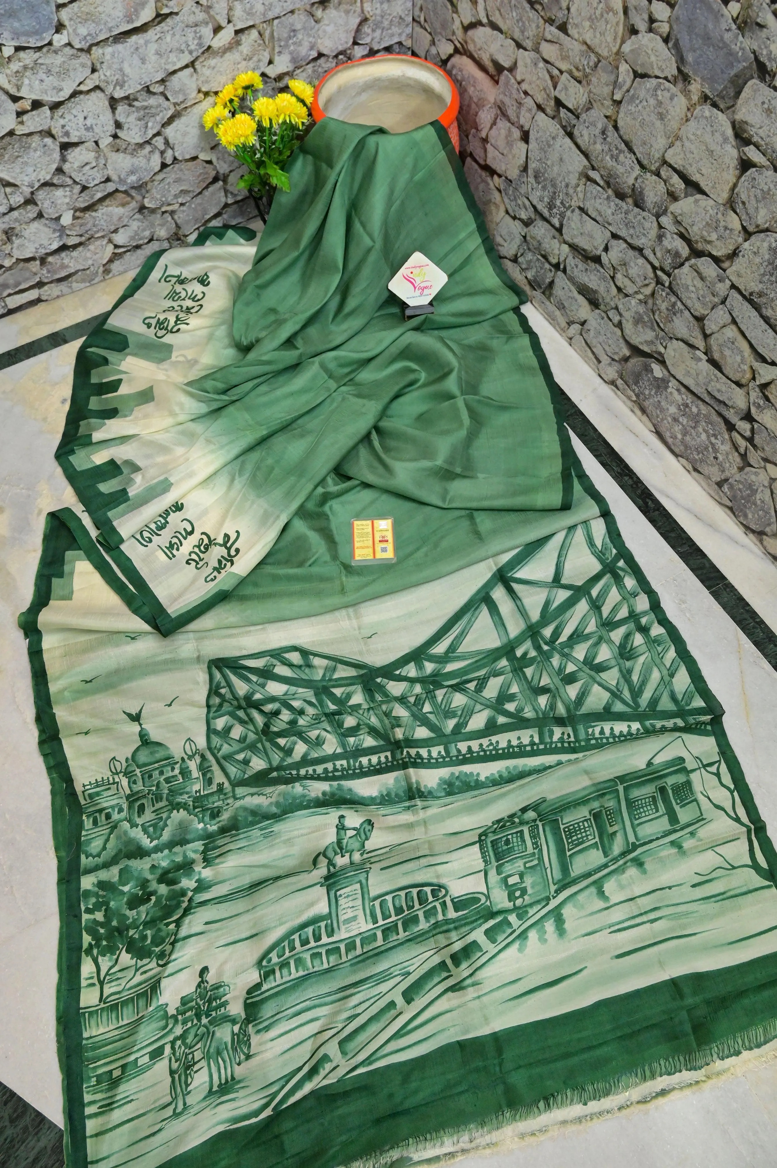 Green Color Bishnupur Katan Silk Saree with Kolkata Theme Hand Painted Work