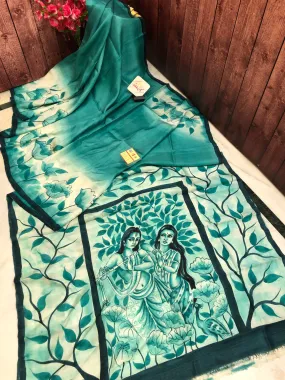 Green Color Pure Bishnupur Katan SilK Saree with Hand Painting