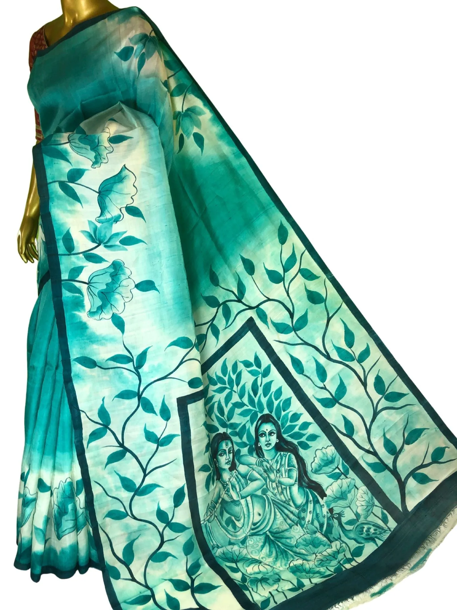 Green Color Pure Bishnupur Katan SilK Saree with Hand Painting