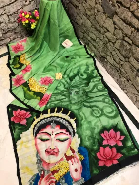 Green Color Pure Bishnupur Silk with Acid Hand Paint