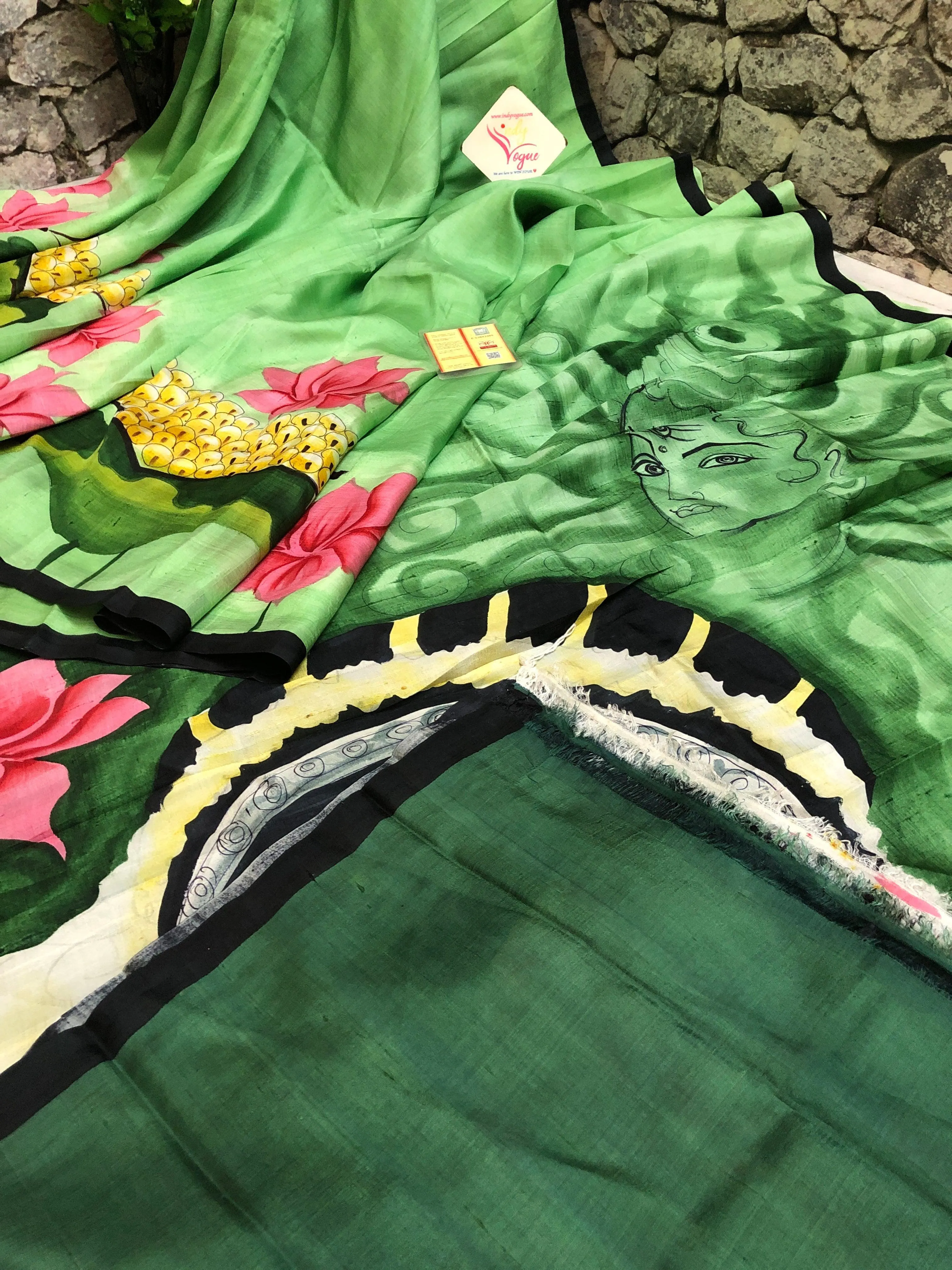 Green Color Pure Bishnupur Silk with Acid Hand Paint