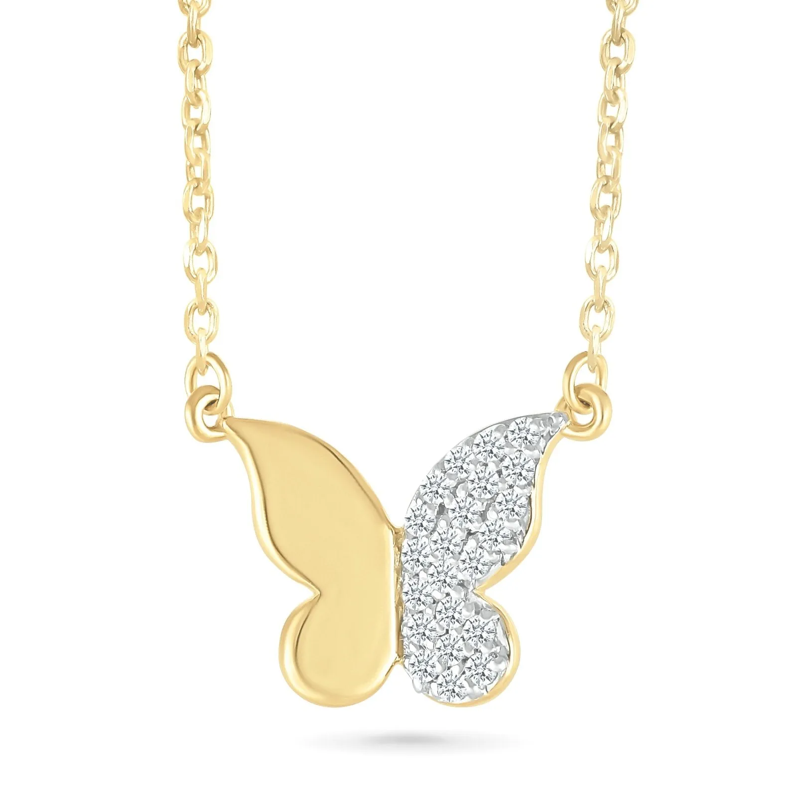 Half Gold Half Diamond Pave Butterfly Pendant Necklace