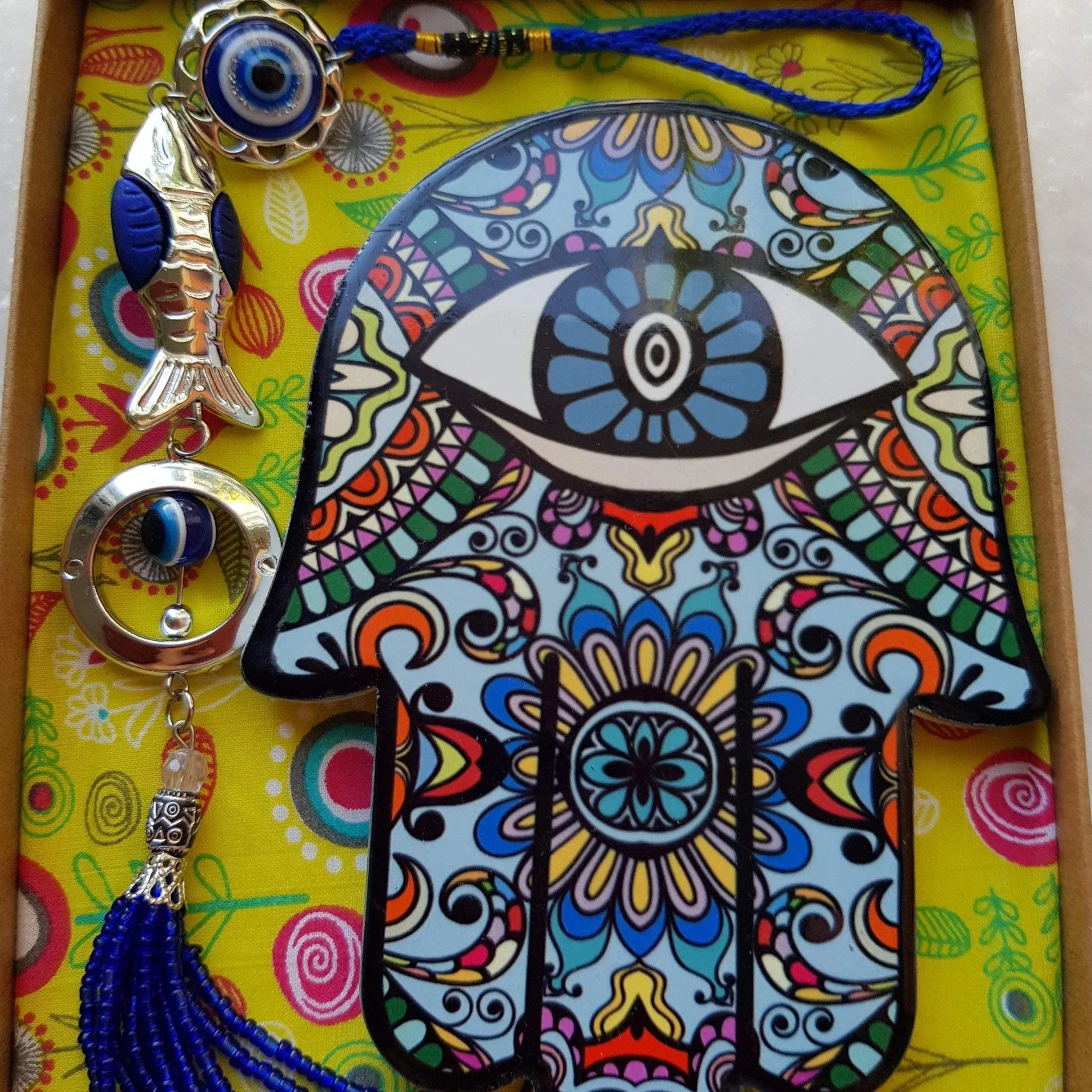 Hamsa for Luck and Protection, Evil Eye Glass Pendant for Home or for the car. Good Luck Beautiful Gift.