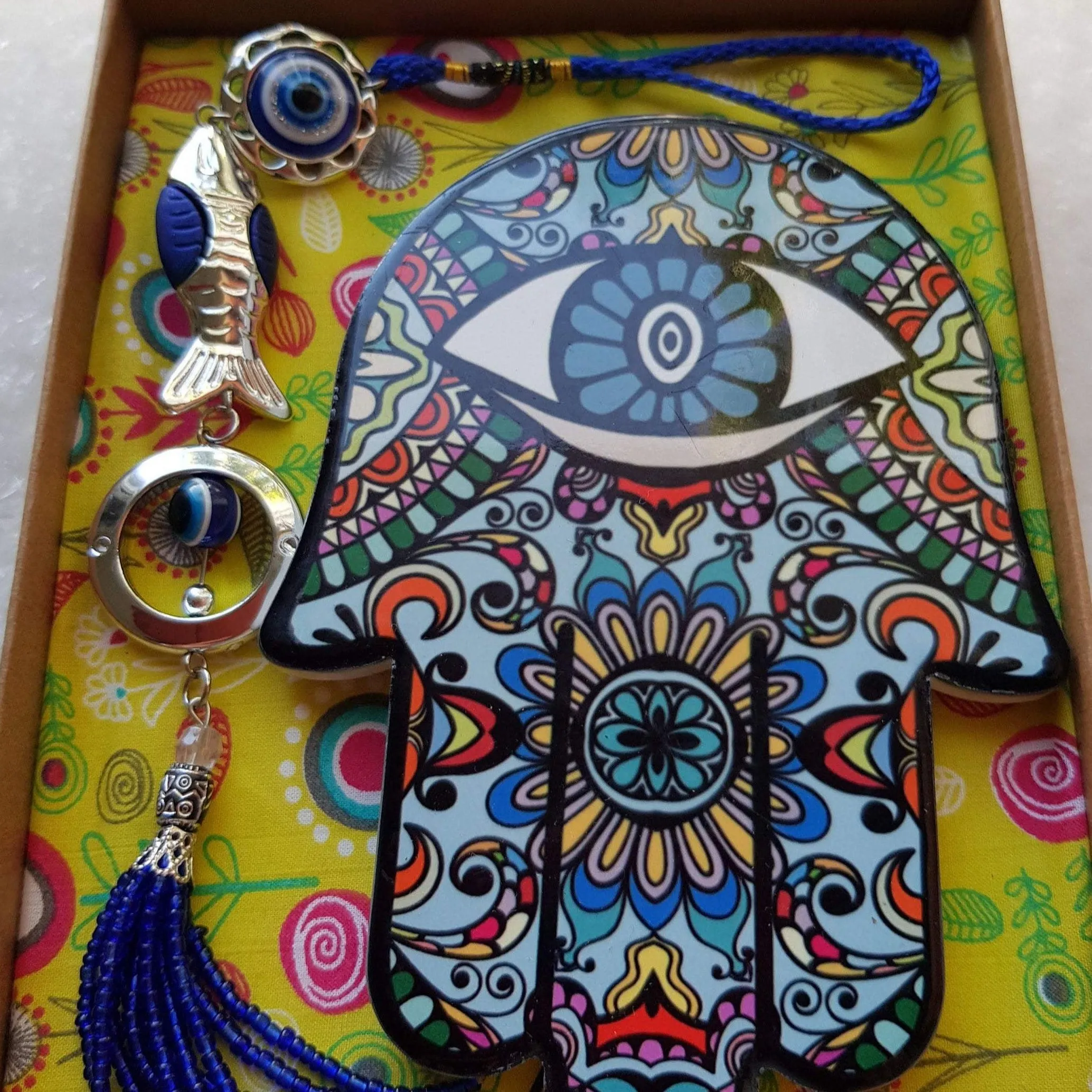 Hamsa for Luck and Protection, Evil Eye Glass Pendant for Home or for the car. Good Luck Beautiful Gift.