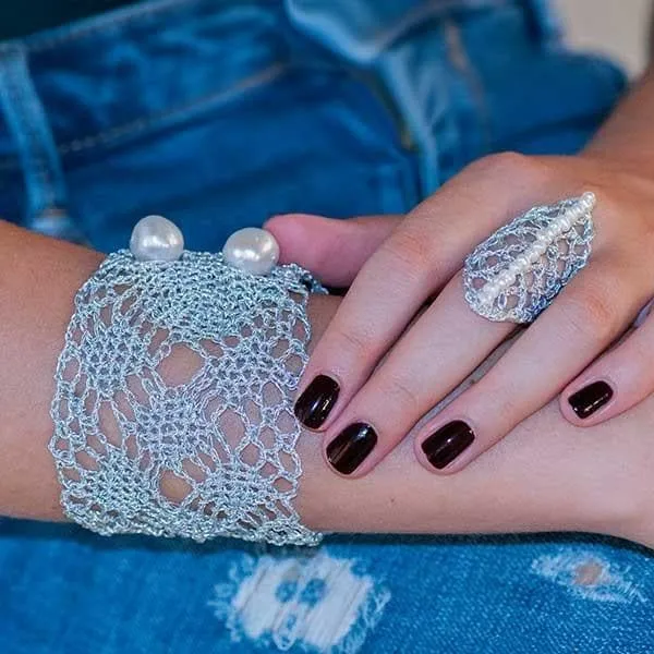 Handmade Silver Plated Crochet Knit Rhombus Ring With Pearls