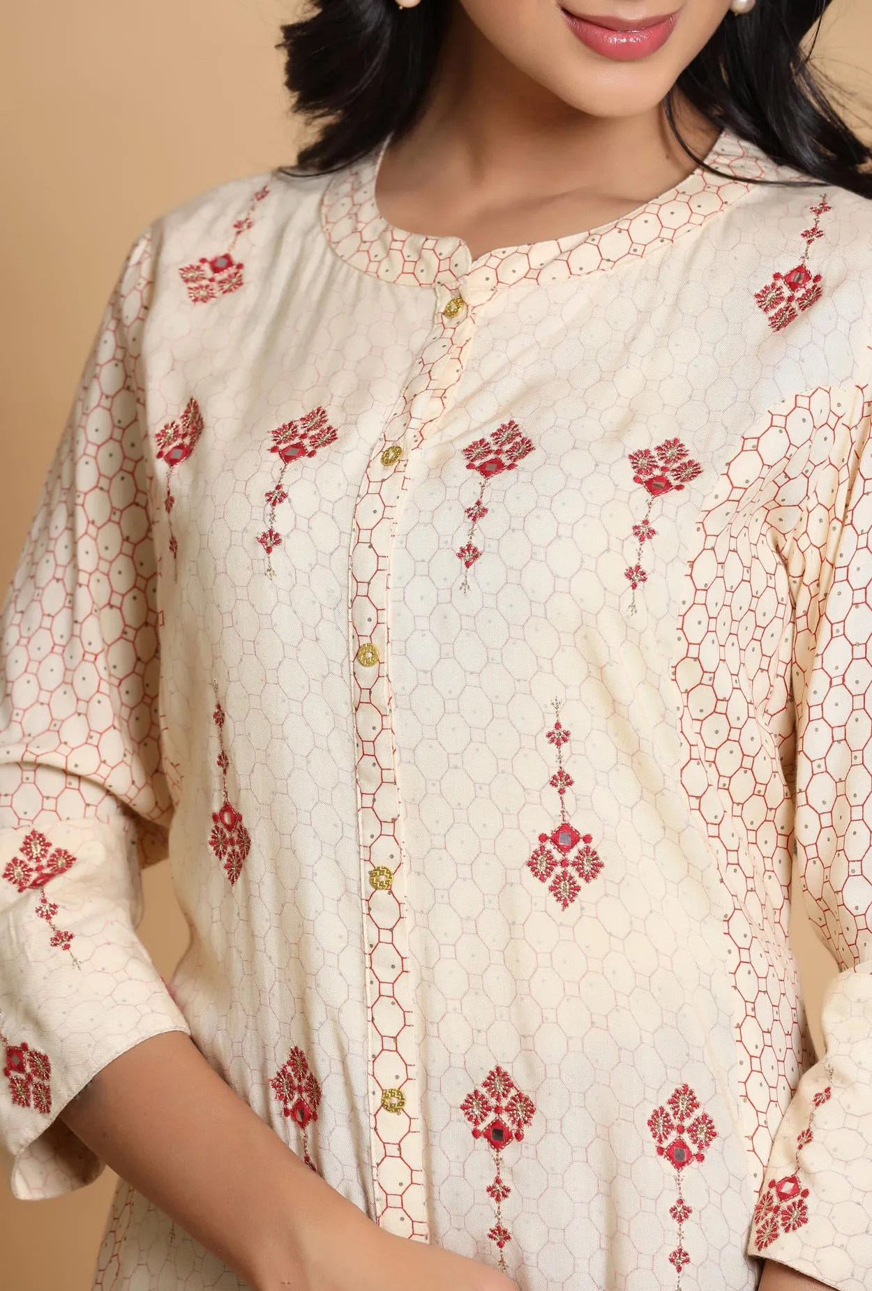 Juniper Ivory Geometric Printed & Embroidered Rayon Kurta