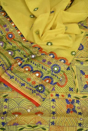 Lemon Yellow Color Resham Kota Handloom Saree with Lambani Hand Embroidery and Piping