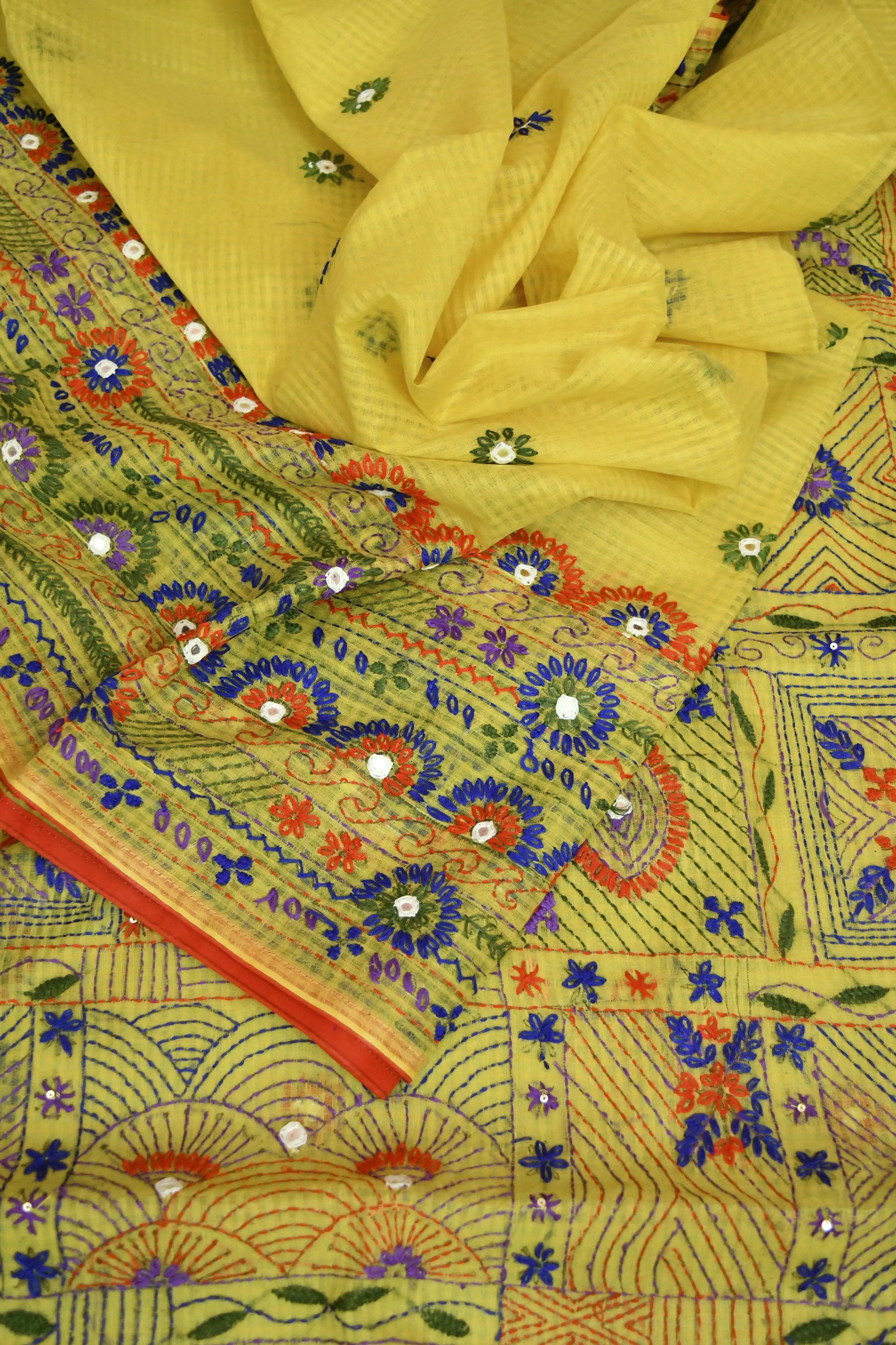 Lemon Yellow Color Resham Kota Handloom Saree with Lambani Hand Embroidery and Piping